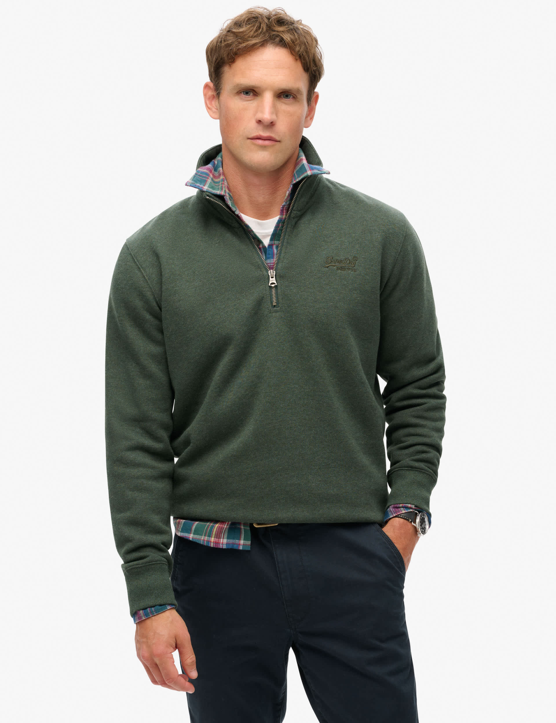 Superdry Men's Cotton Rich Half Zip Sweatshirt - M - Green, Beige,Green