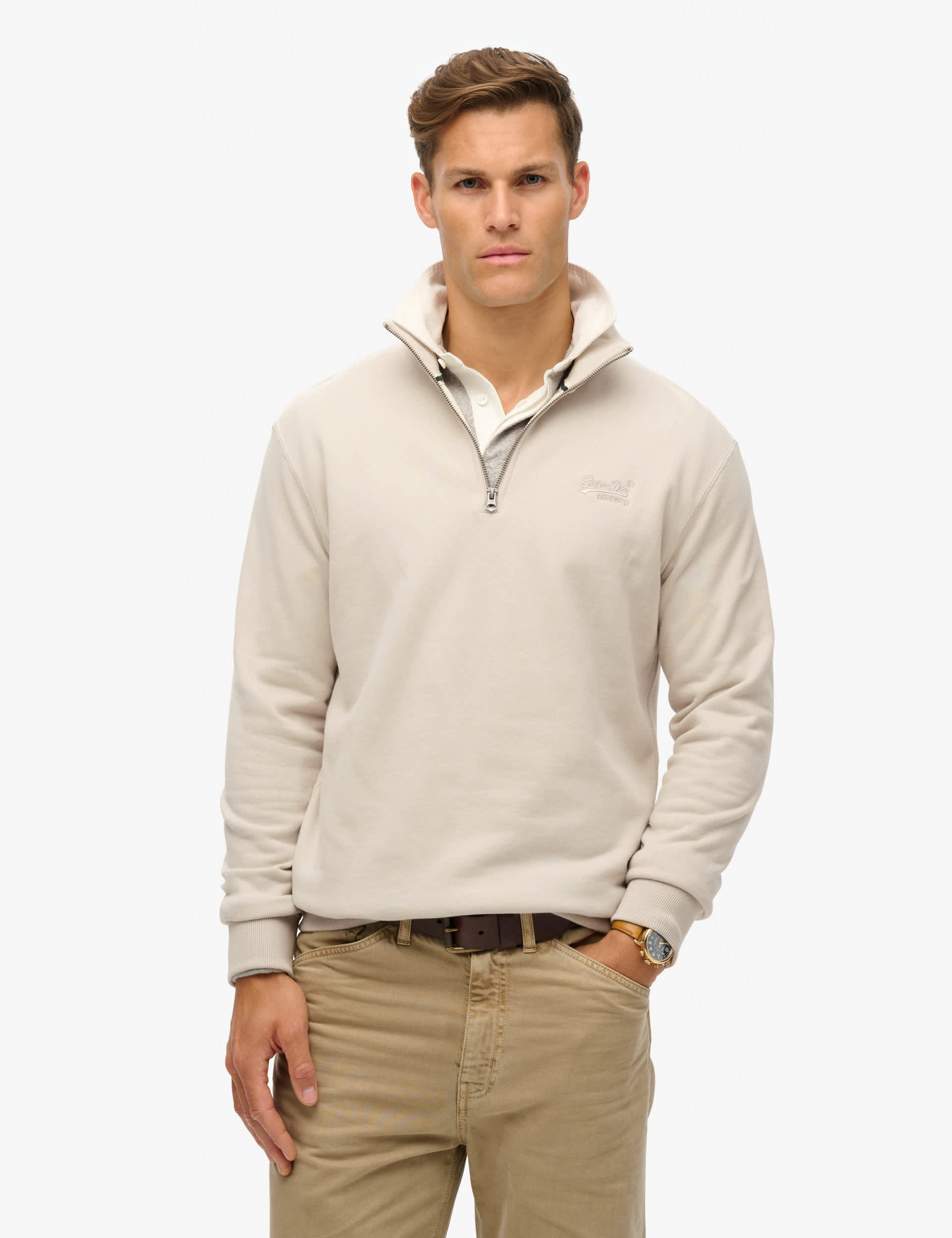 Superdry Men's Cotton Rich Half Zip Sweatshirt - Beige, Beige,Green