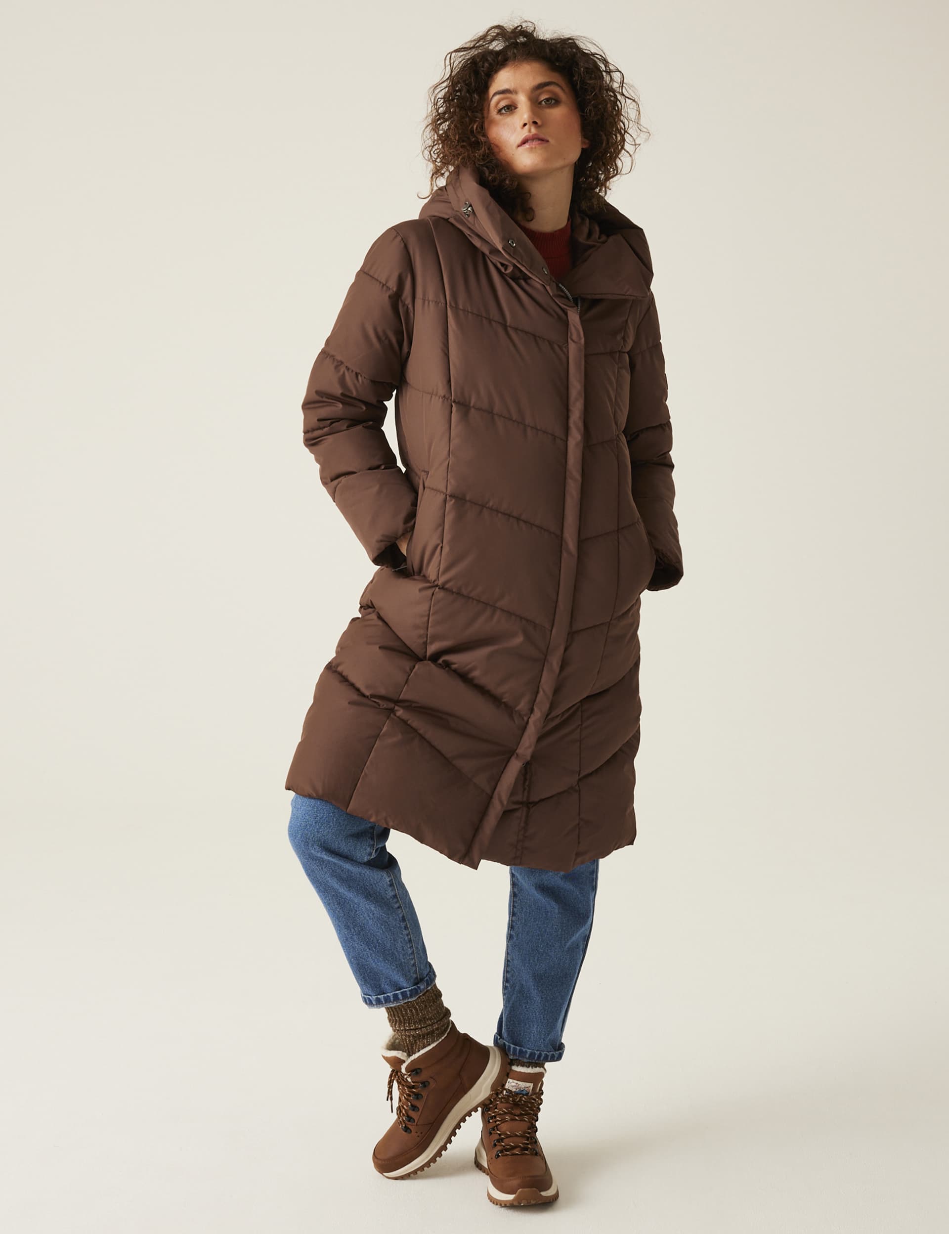 Regatta Women's Nurie Hooded Quilted Padded Longline Coat - 14 - Brown, Khaki,Brown,Black