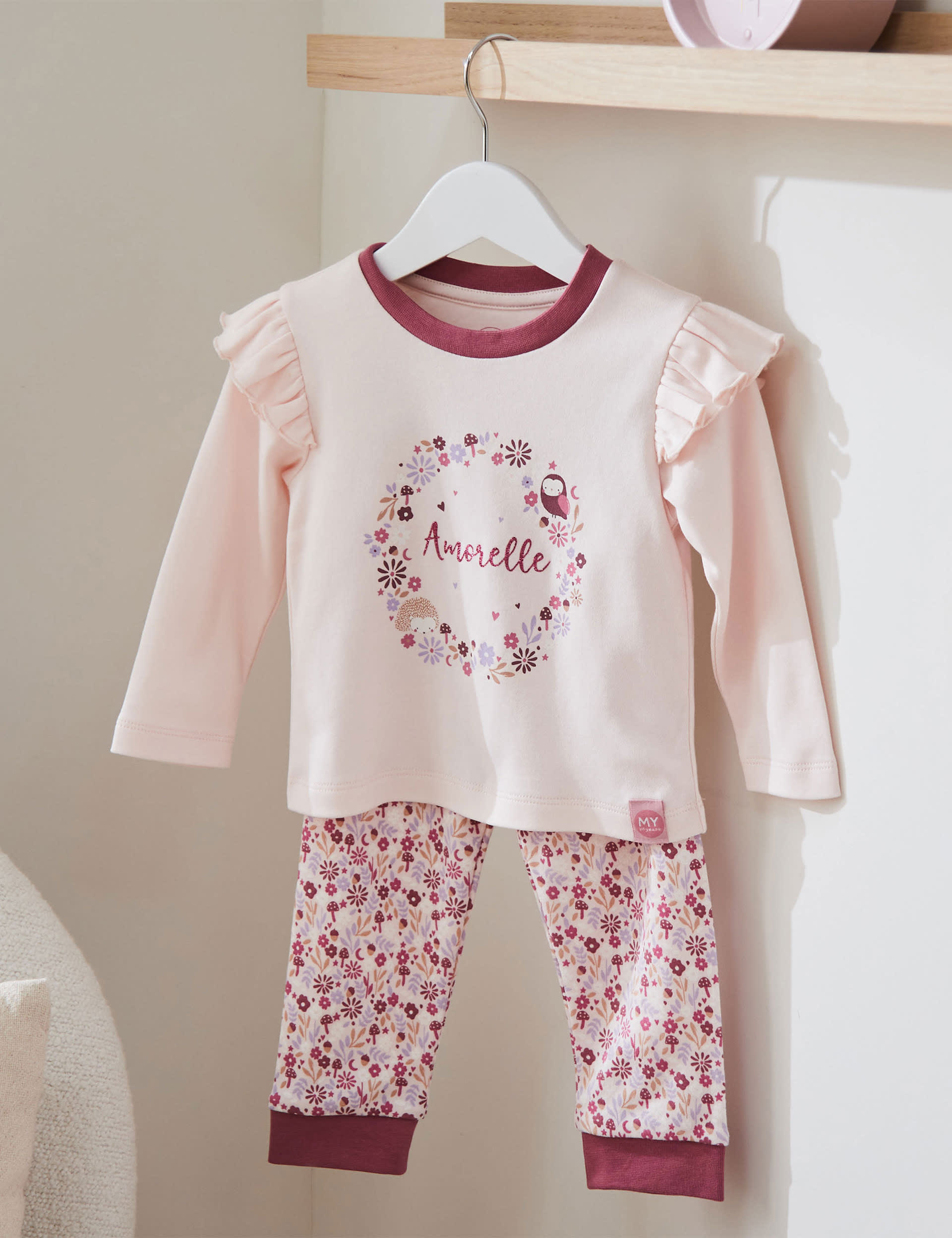 My 1St Years Girls Personalised Pink Floral Frill Pyjama Set (0-6 Yrs) - 2-3 Y, Pink