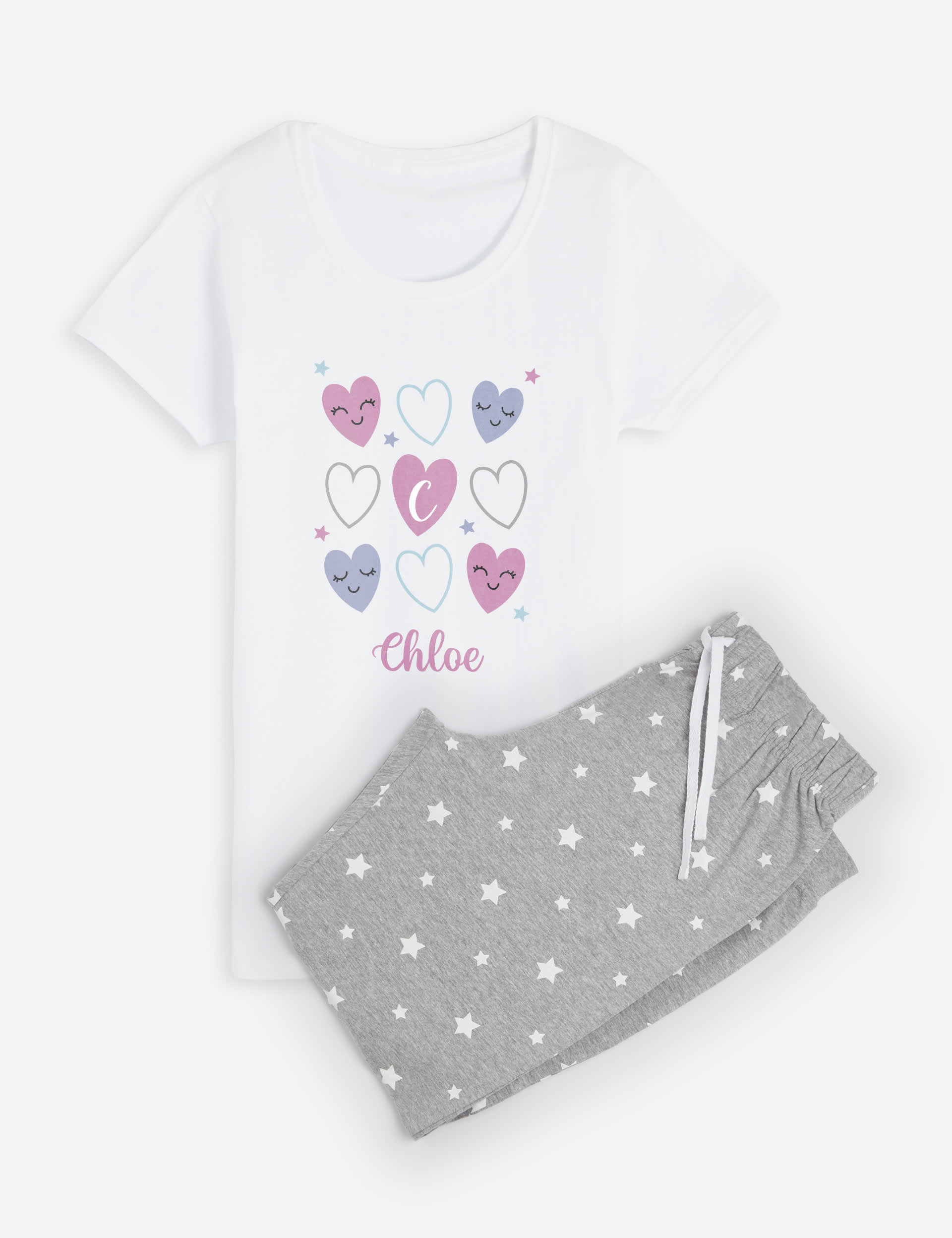 Dollymix Girls Personalised Heart Pyjamas (5-12 Yrs) - 5-6Y - Grey Mix, Grey Mix