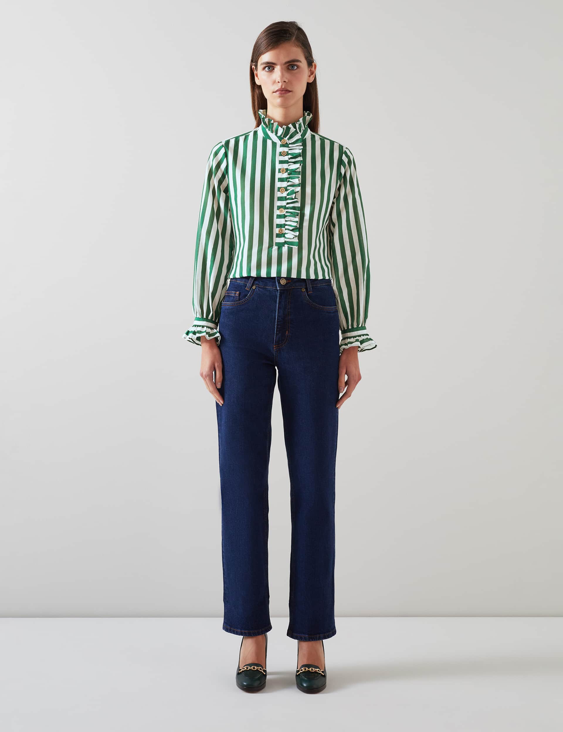 Lk Bennett Women's Cotton Rich Striped Ruffle Shirt with Silk
