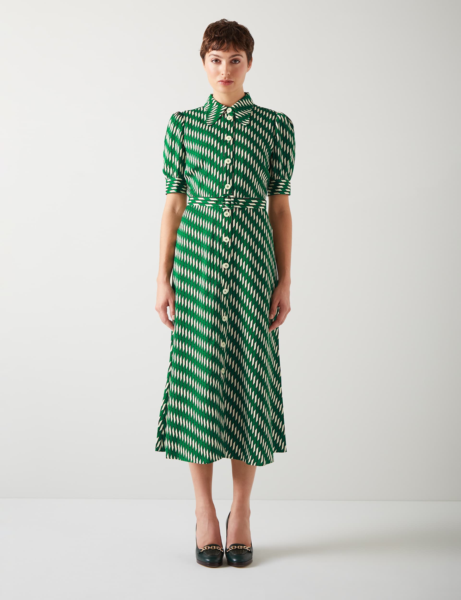 Lk Bennett Women's Geometric Belted Midi Shirt Dress - 6 - Green Mix, Green Mix