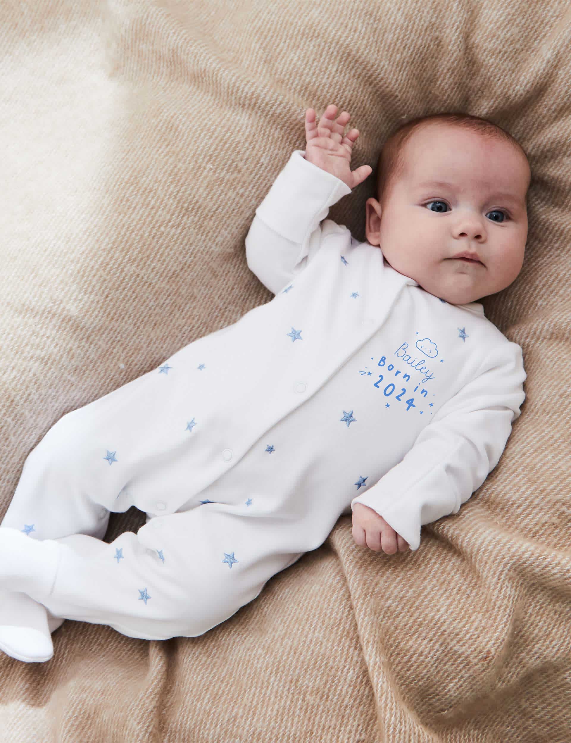 My 1St Years Boys Personalised Born in 2024 Blue Star Design Sleepsuit (0-1 Yrs) - 0-3 M - White Mix