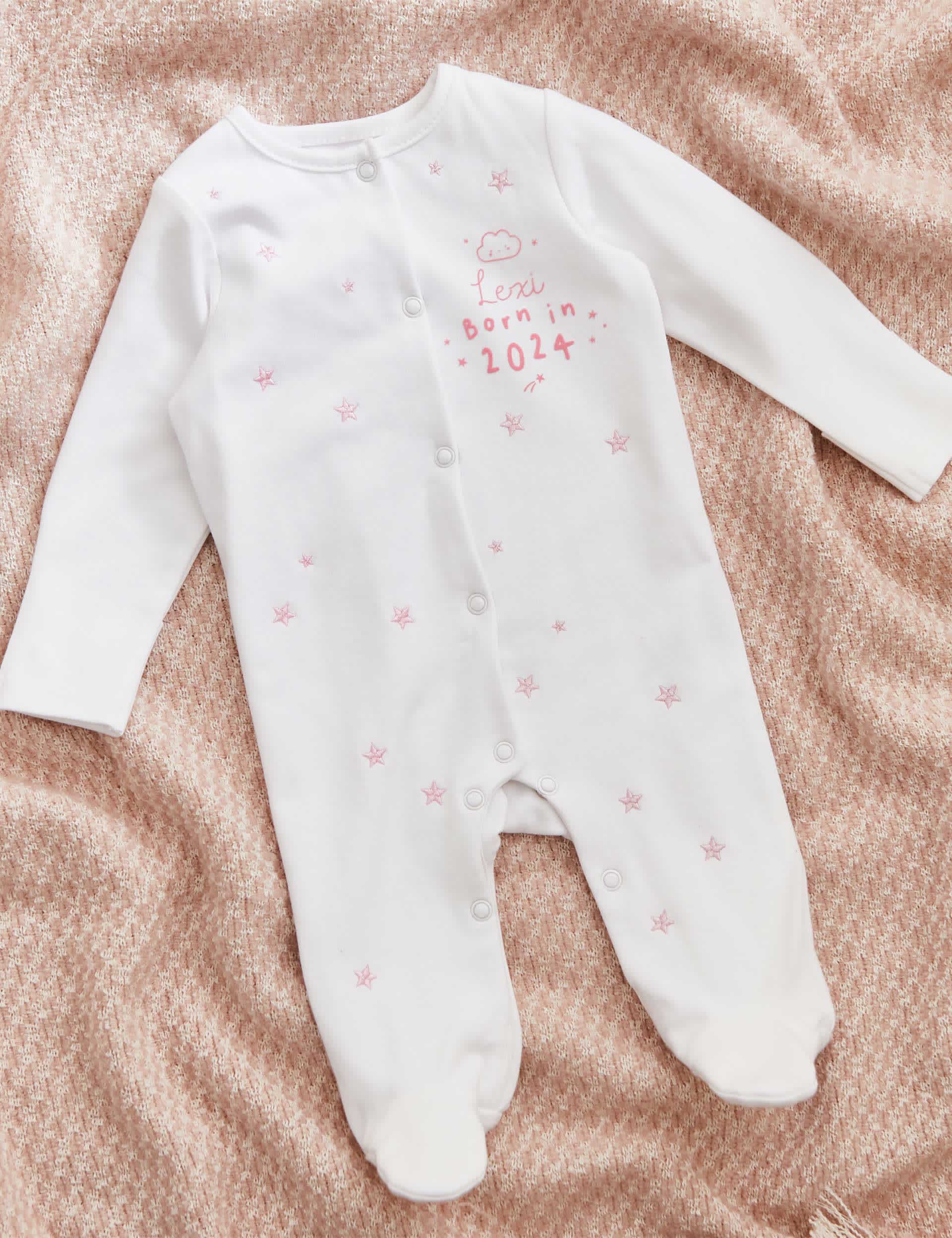 My 1St Years Girls Personalised Born in 2024 Pink Star Design Sleepsuit (0-1 Yrs) - 0-3 M - White Mi