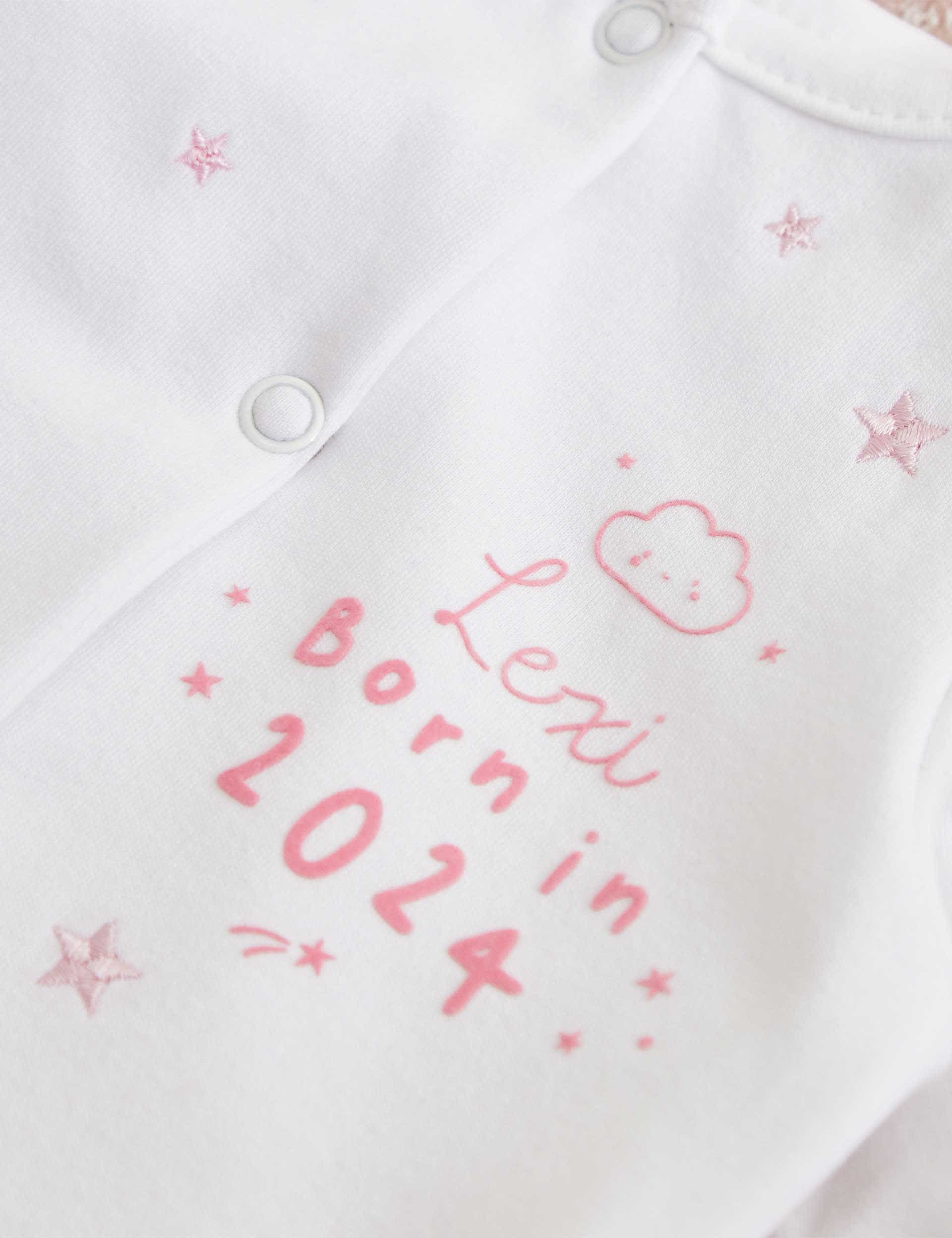 My 1St Years Girls Personalised Born in 2024 Pink Star Design Sleepsuit (0-1 Yrs) - 0-3 M - White Mi