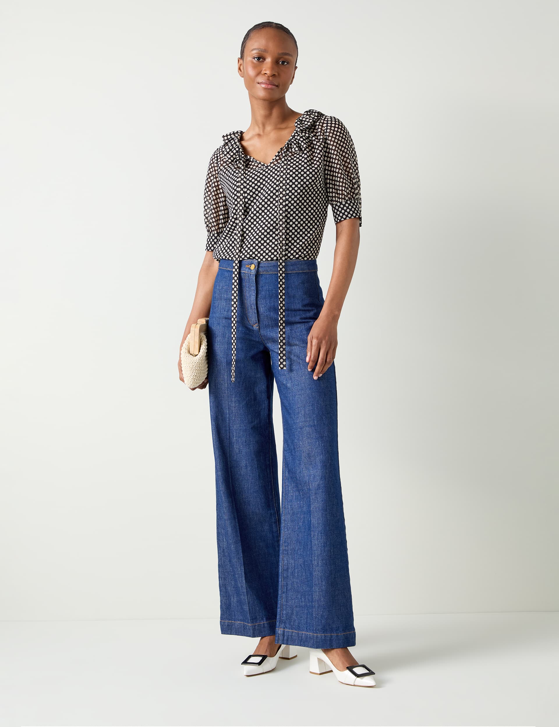 Lk Bennett Women's Polka Dot Frill Neck Blouse