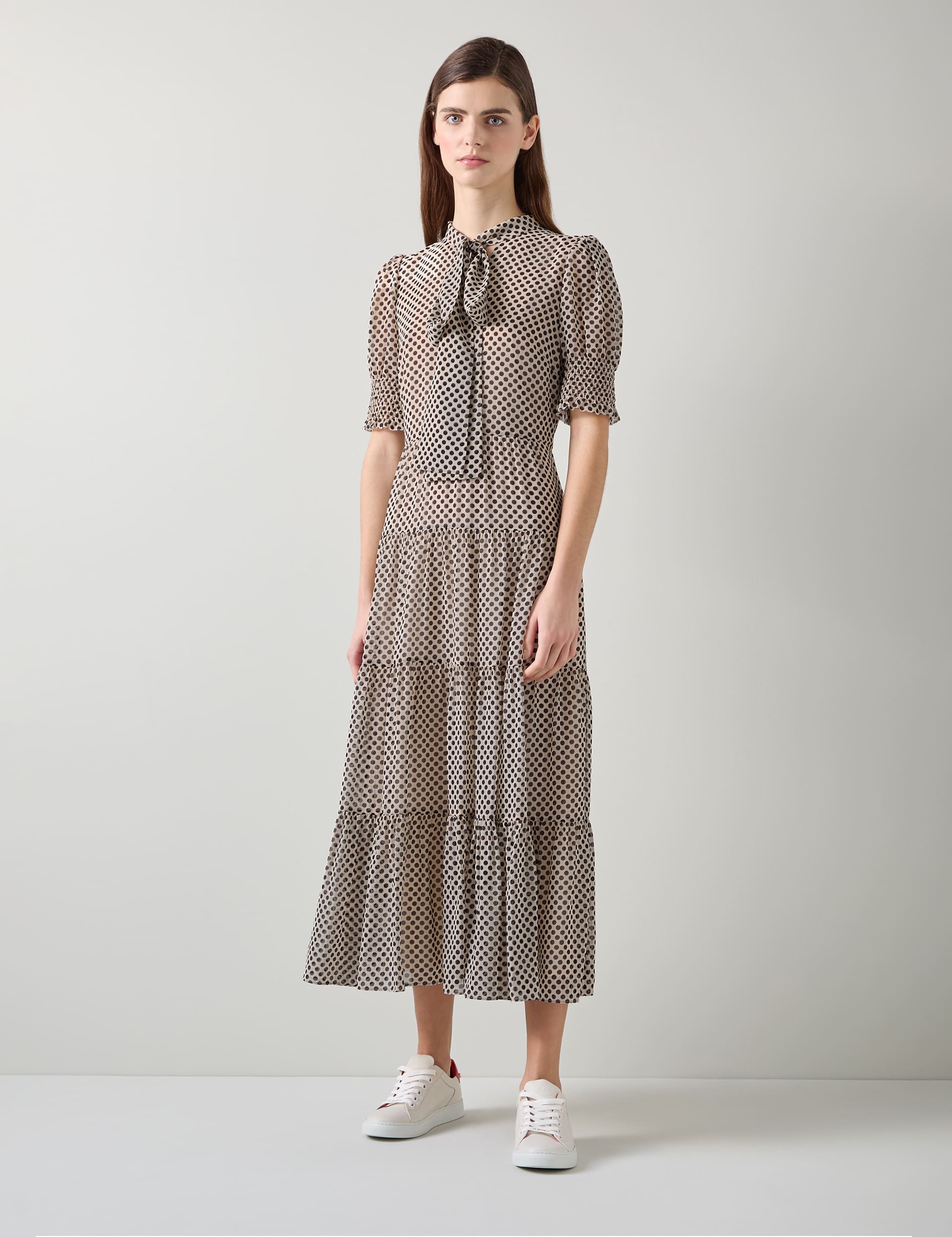 Lk Bennett Women's Polka Dot Tie Neck Midaxi Tiered Dress