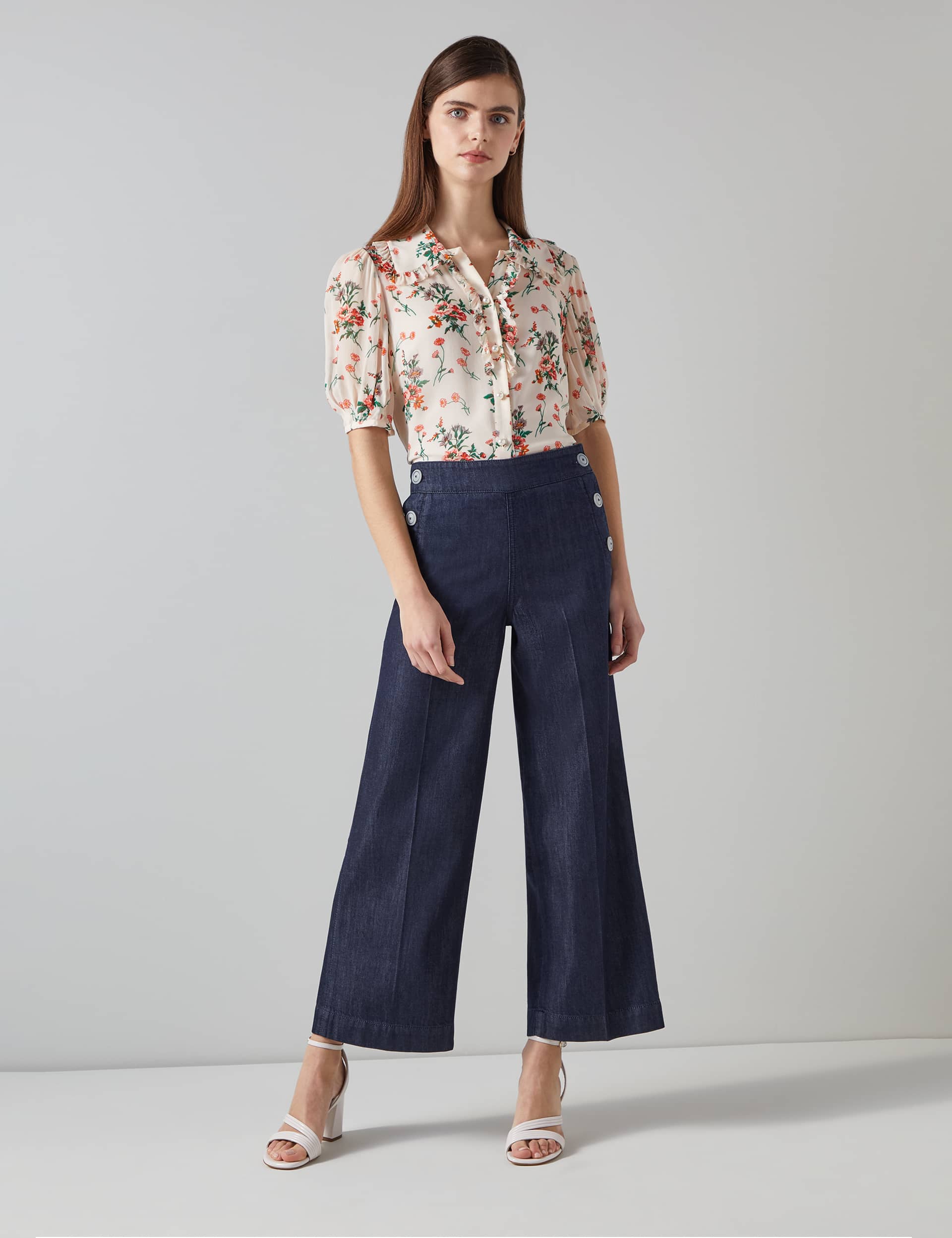 Lk Bennett Women's Cotton Rich Wide Legged Cropped Trousers - 12 - Blue, Blue