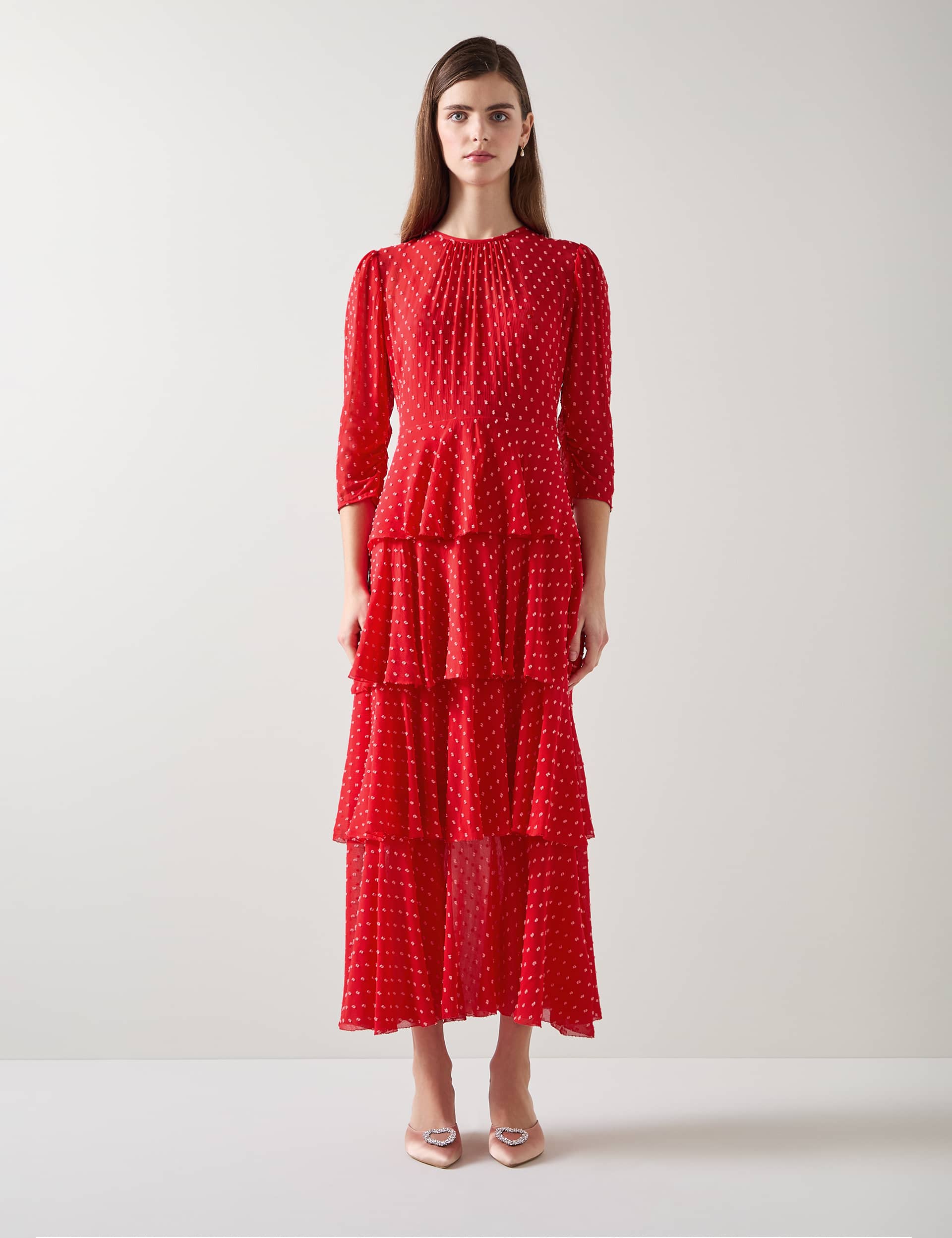 Lk Bennett Women's Textured Polka Dot Ruffle Maxi Tiered Dress