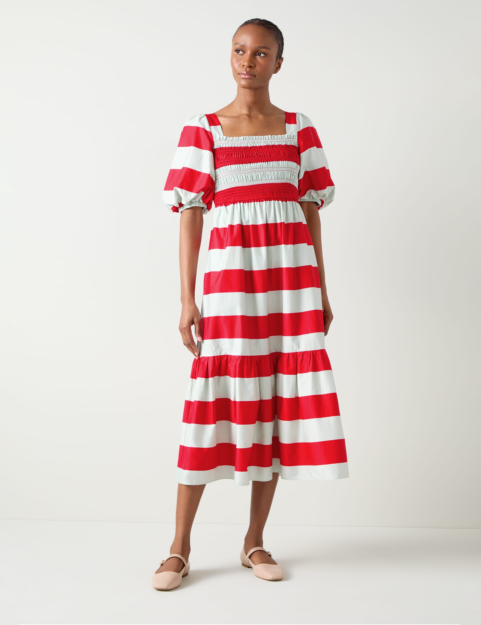 Lk Bennett Women's Pure Cotton Striped Midi Tiered Smock Dress