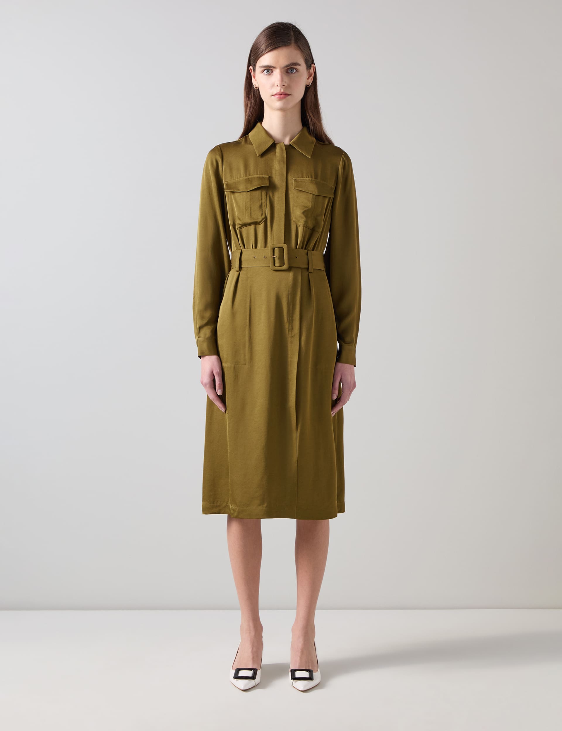 Lk Bennett Women's Crepe Belted Knee Length Utility Shirt Dress - 12 - Olive, Olive