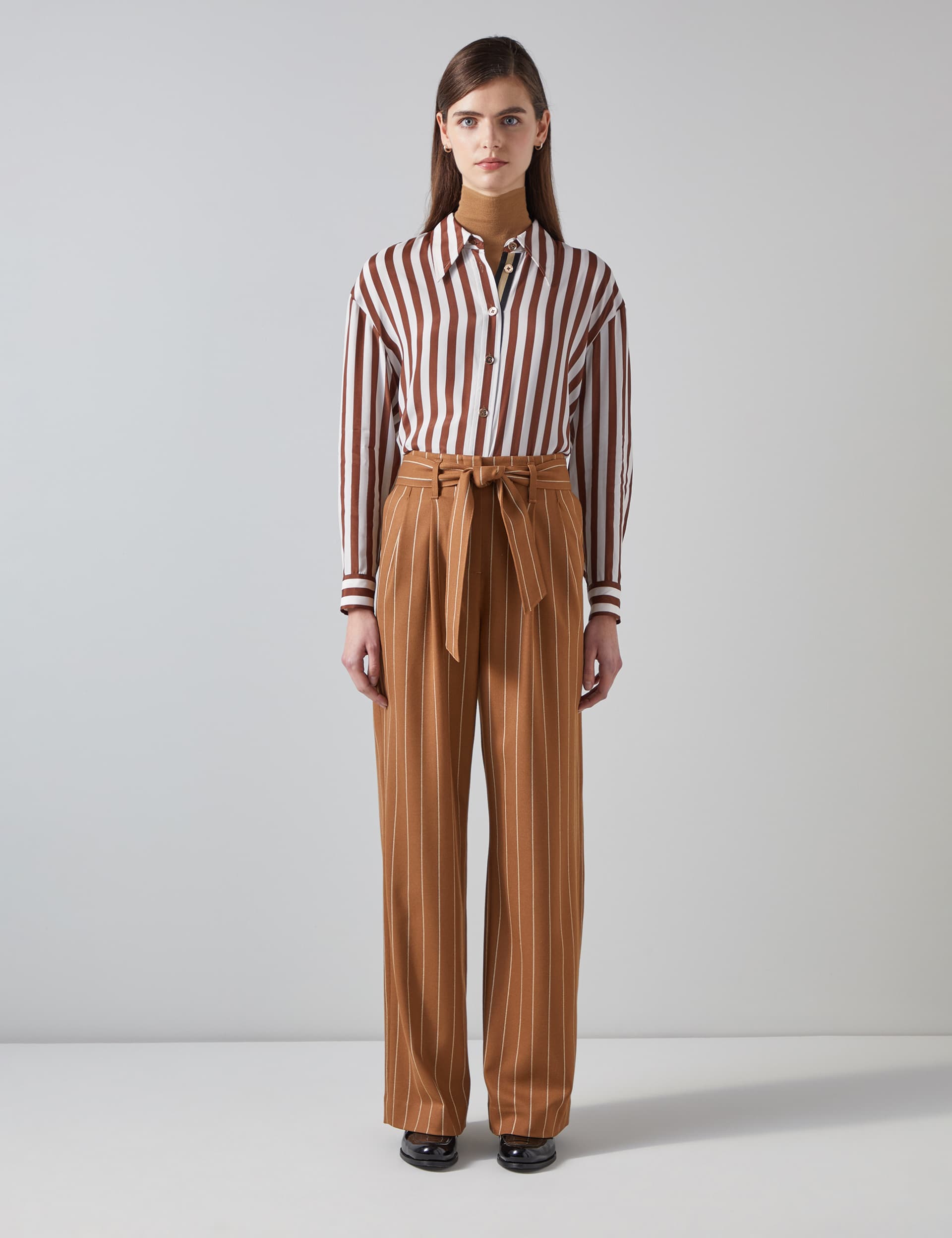 Lk Bennett Women's Striped Pleat Front Belted Wide Leg Trousers - 12 - Chocolate, Chocolate