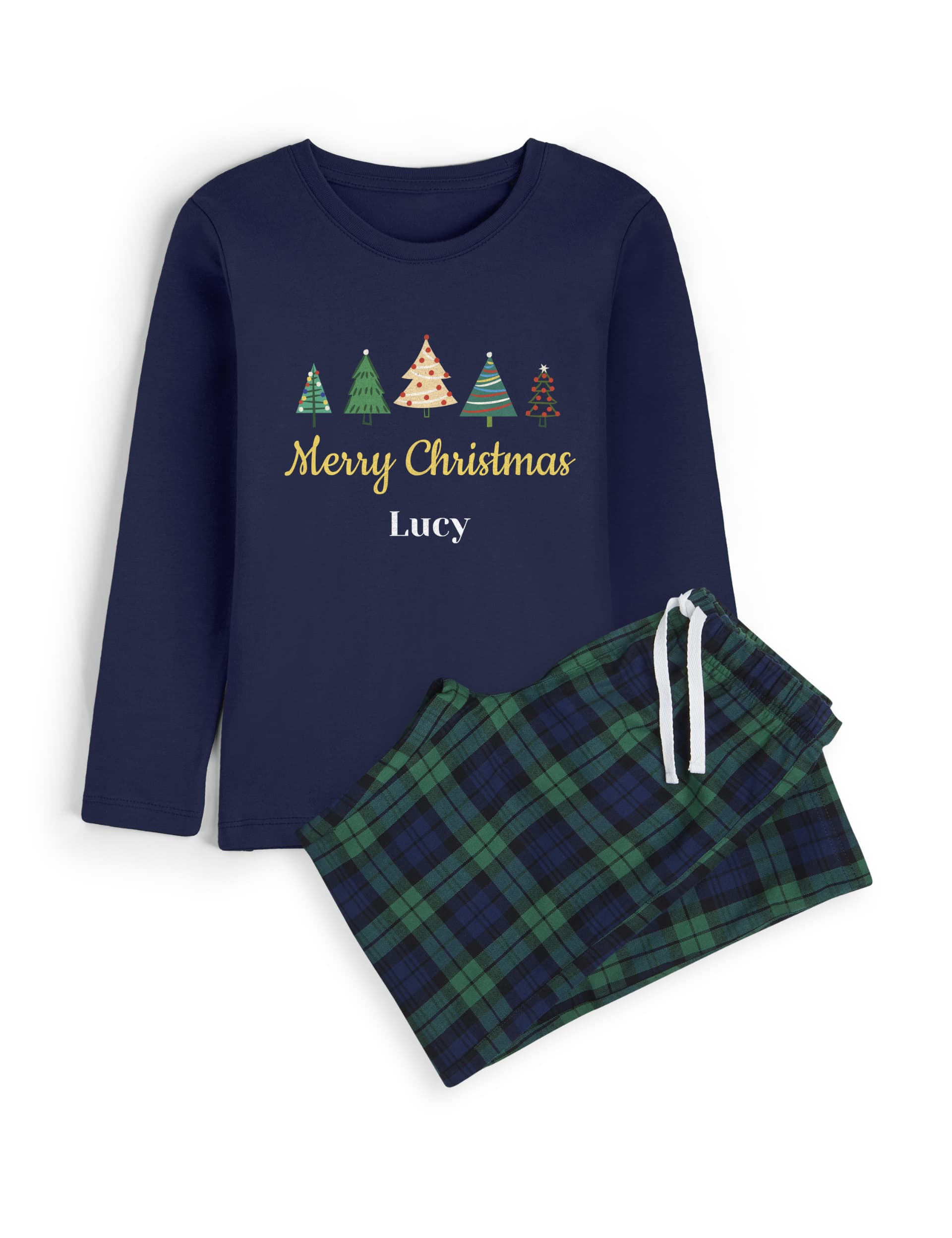 Dollymix Personalised Kids Christmas Tree Pyjamas - 5-6 Y - Navy, Navy