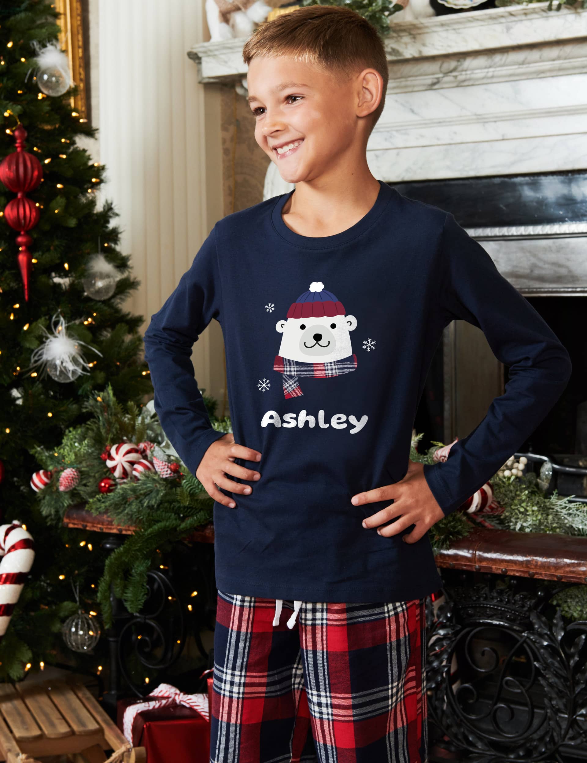 Dollymix Personalised Kids Polar Bear Family Pyjamas - 5-6 Y - Navy Mix, Navy Mix