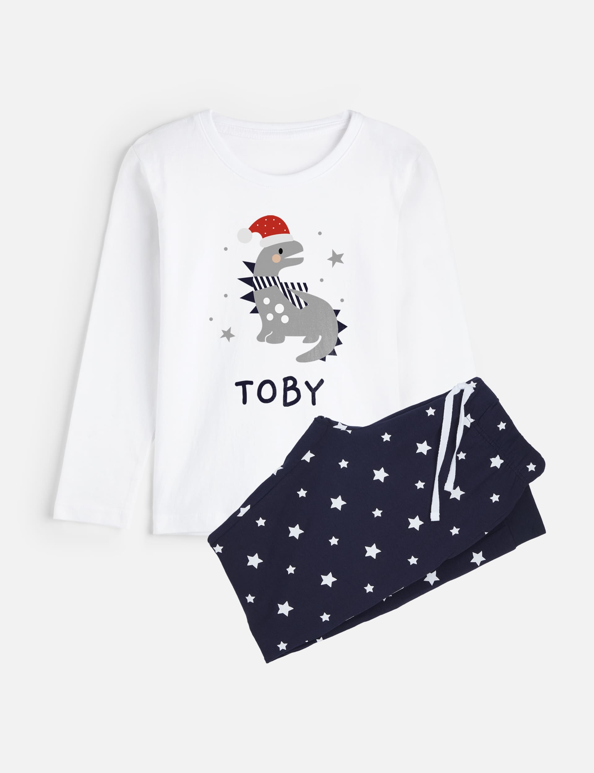 Dollymix Personalised Santa Dino Pyjamas - 7-8 Y - White, White