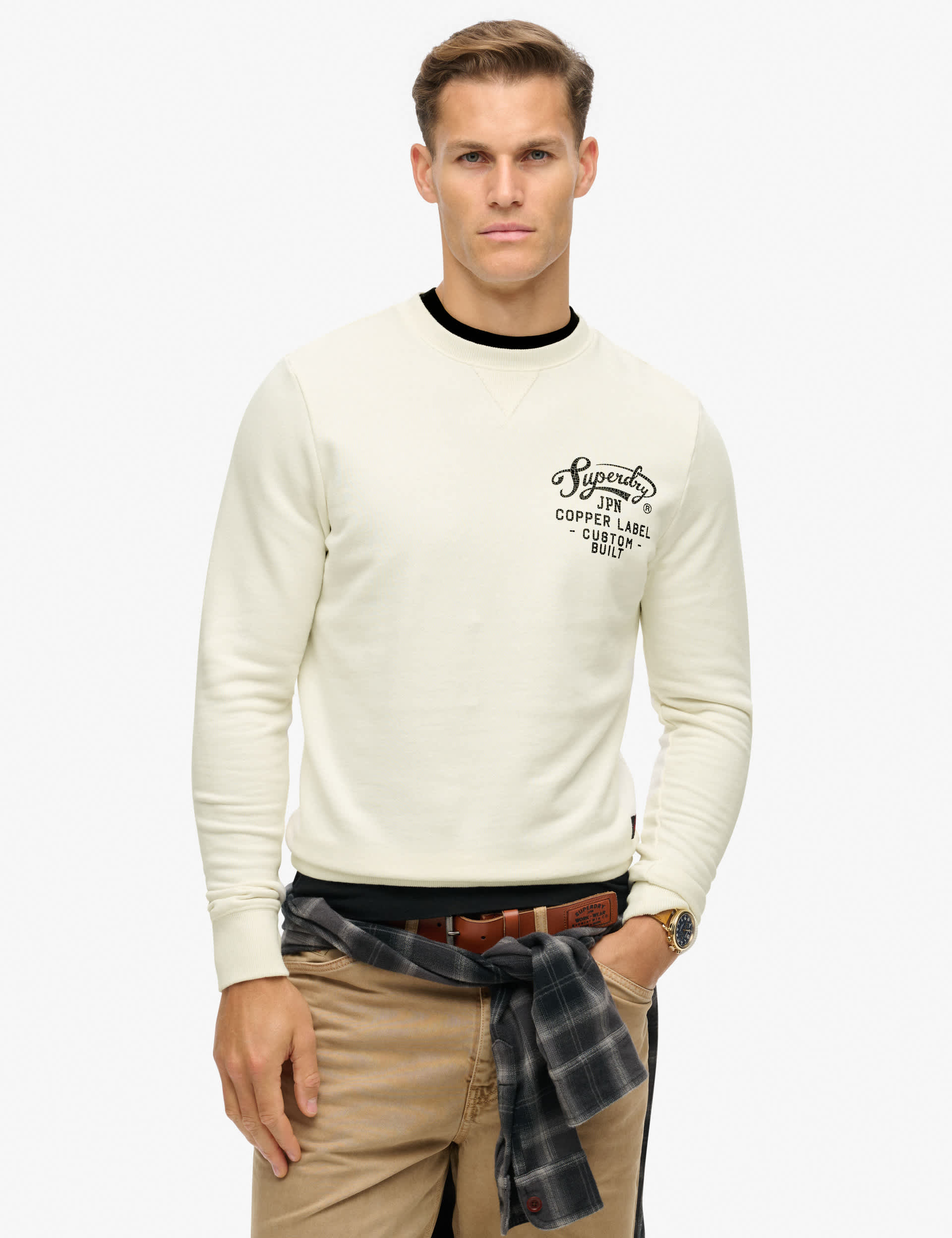 Superdry Men's Pure Cotton Logo Graphic Crew Neck Sweatshirt - Cream, Cream