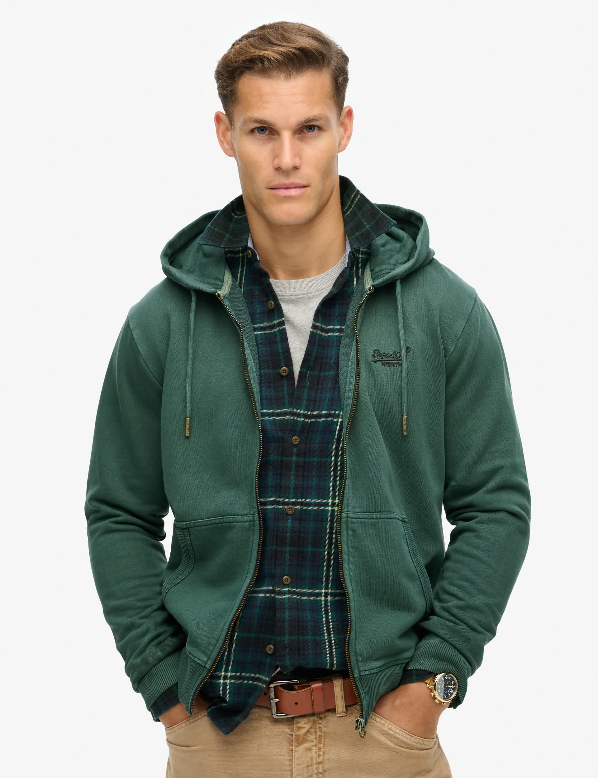 Superdry Men's Pure Cotton Zip Up Hoodie - L - Green, Green,Navy