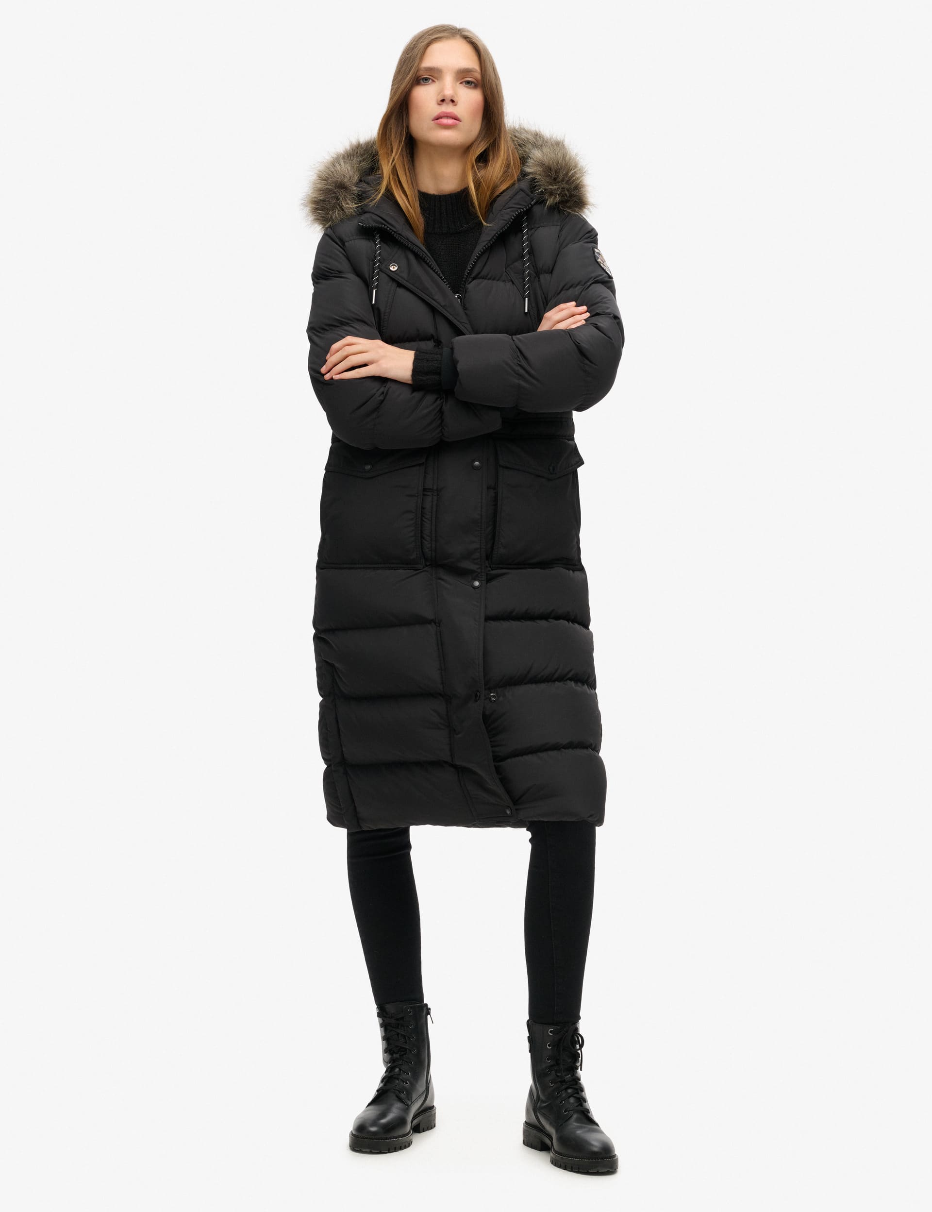 Superdry Women's Faux Fur Hooded Longline Coat - 10 - Black, Black