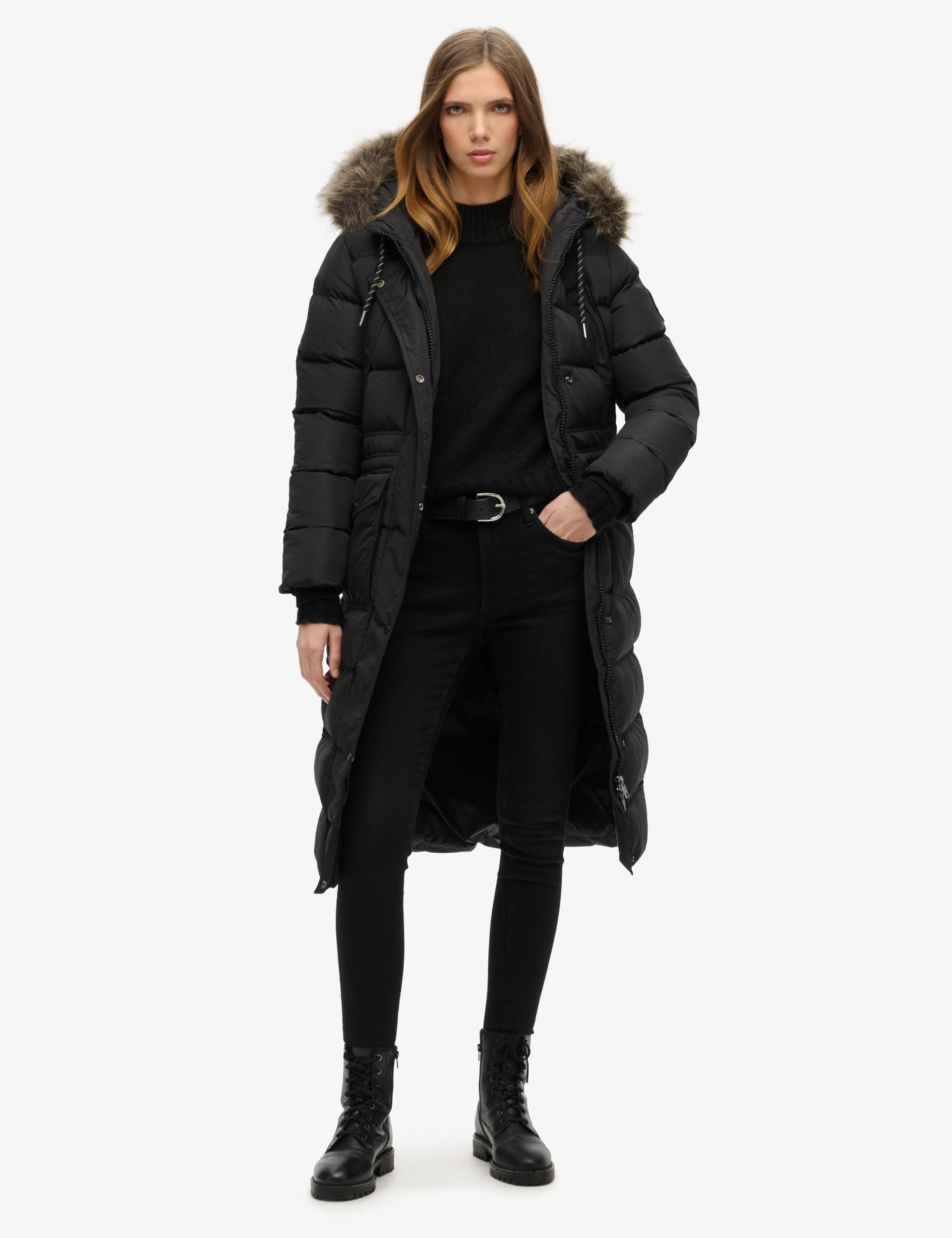 Superdry Women's Faux Fur Hooded Longline Coat - 10 - Black, Black,Khaki