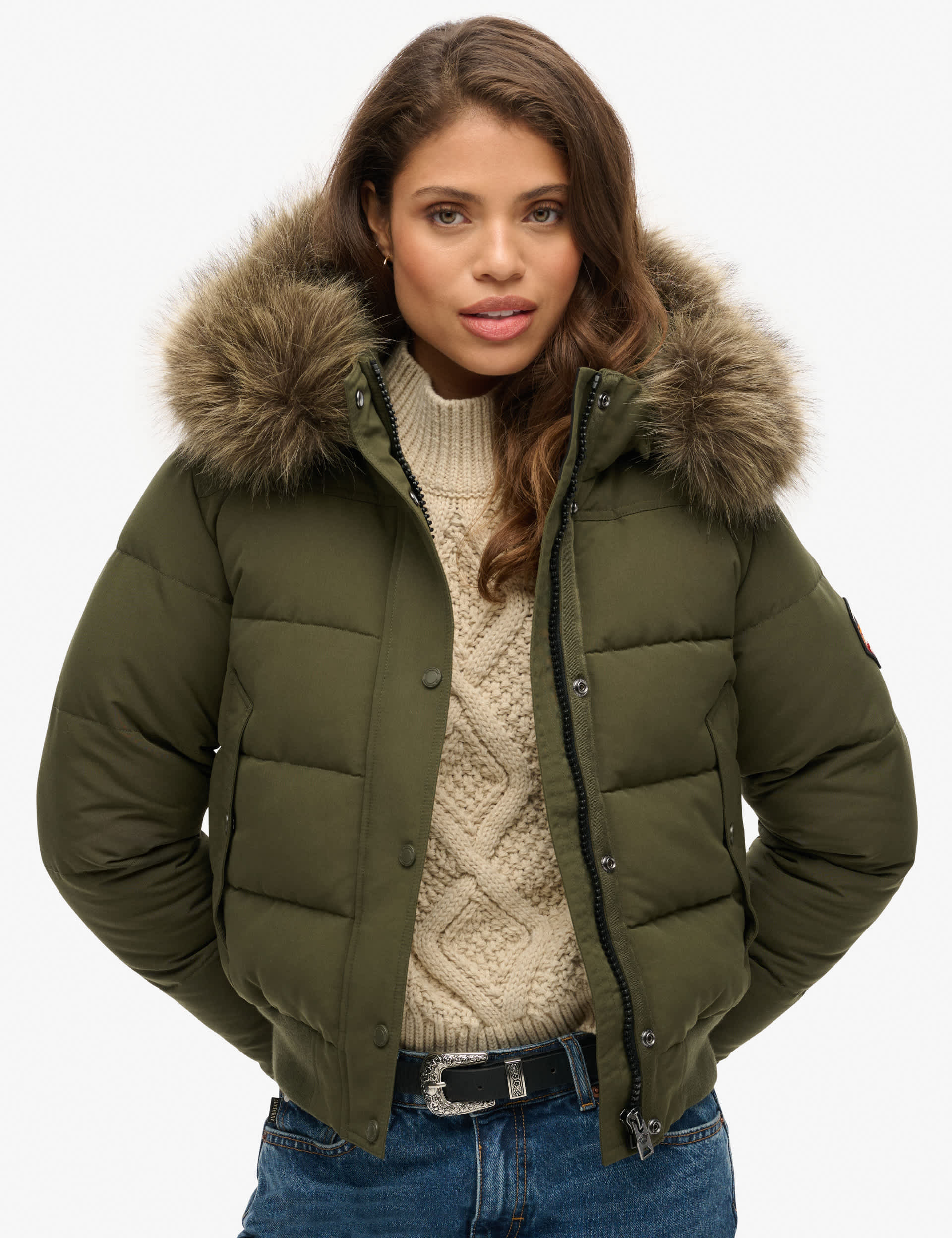 Superdry Women's Hooded Puffer Jacket - 12 - Khaki, Khaki