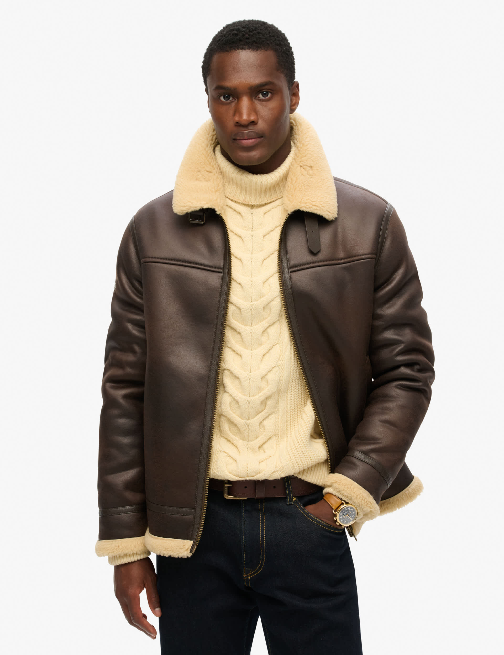 Superdry Men's Faux Shearling Aviator Jacket - Brown, Brown