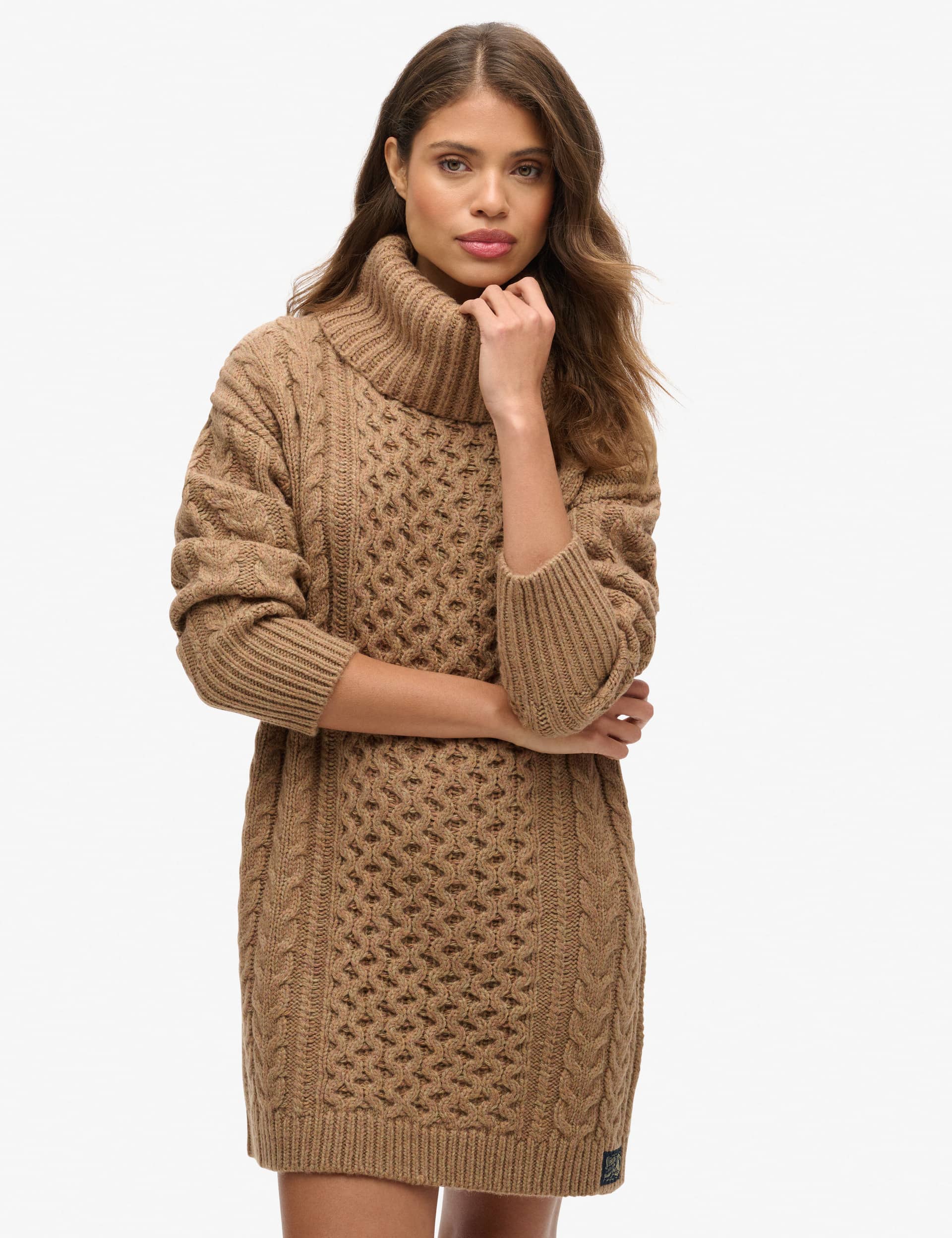 Superdry Women's Cable Knit Roll Neck Jumper Dress with Wool - 10 - Brown, Brown,Black