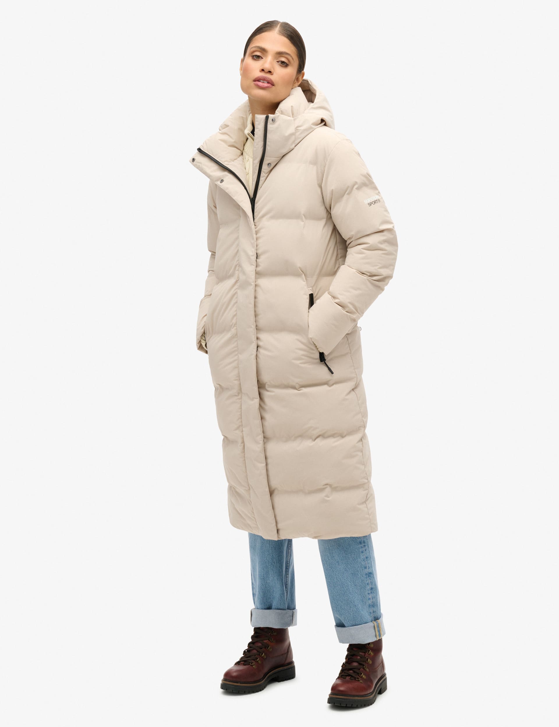 Superdry Women's Hooded Longline Puffer Coat - 16 - Beige, Beige