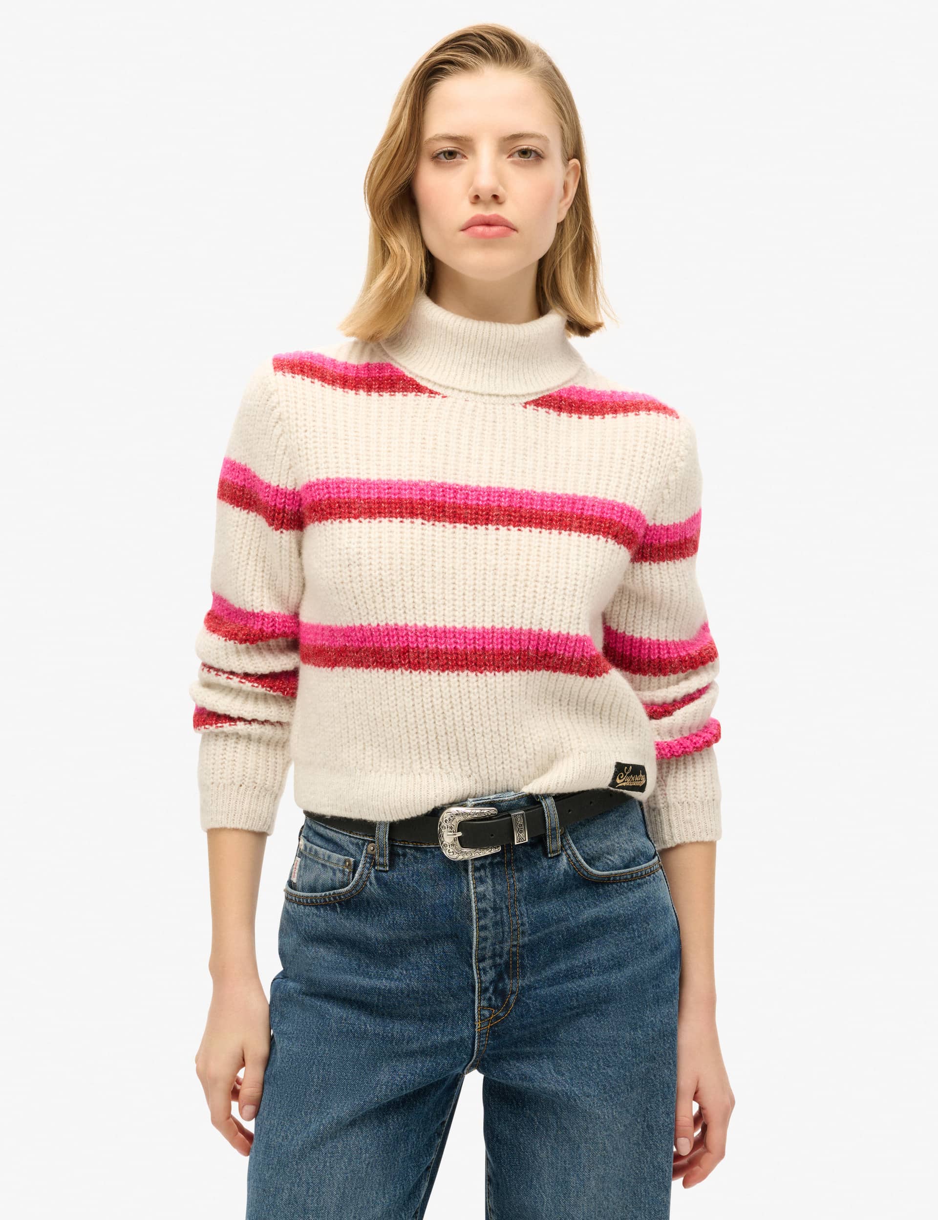 Superdry Women's Striped Roll Neck Cropped Jumper with Wool - 12 - Pink Mix, Pink Mix