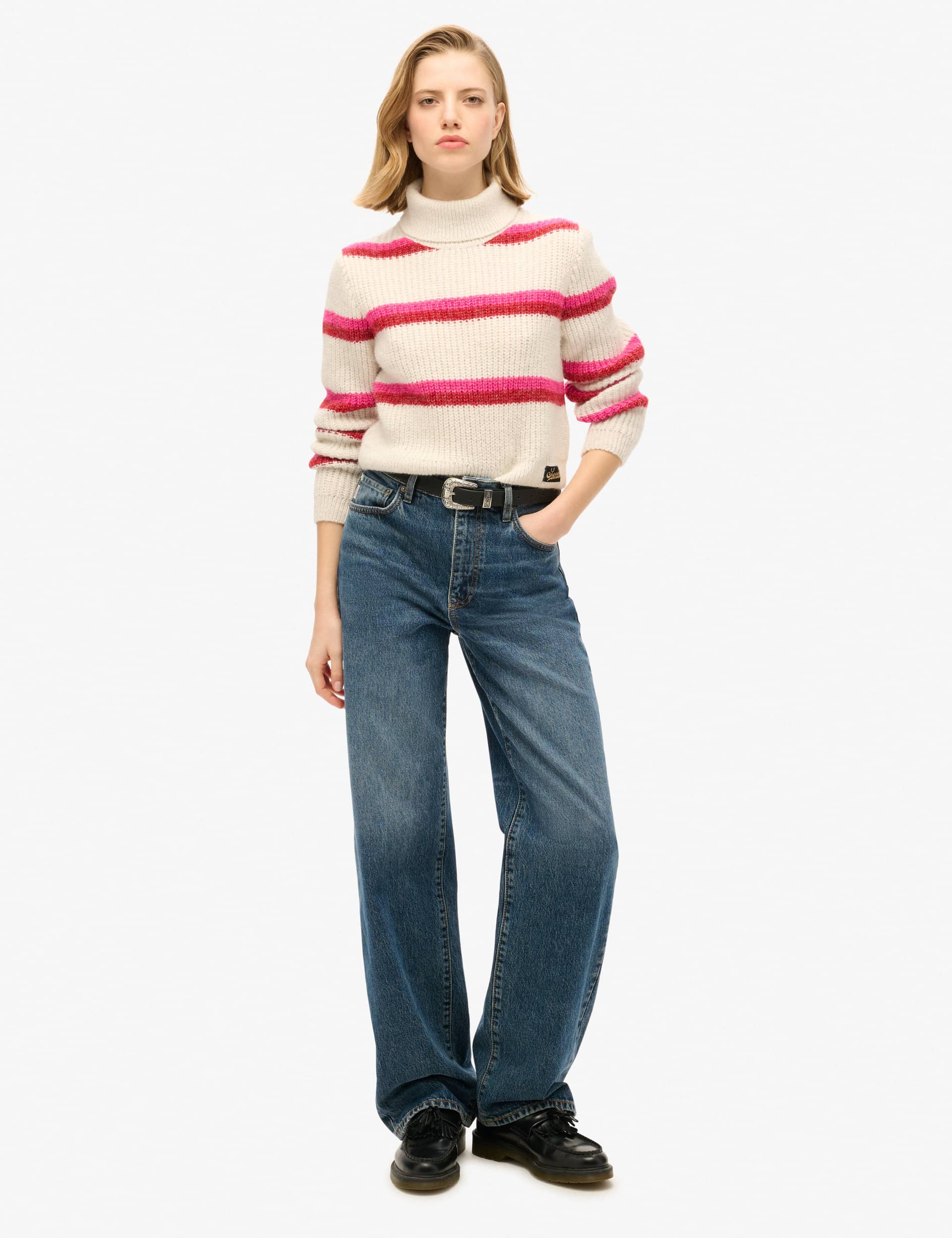 Superdry Women's Striped Roll Neck Cropped Jumper with Wool - 12 - Pink Mix, Pink Mix