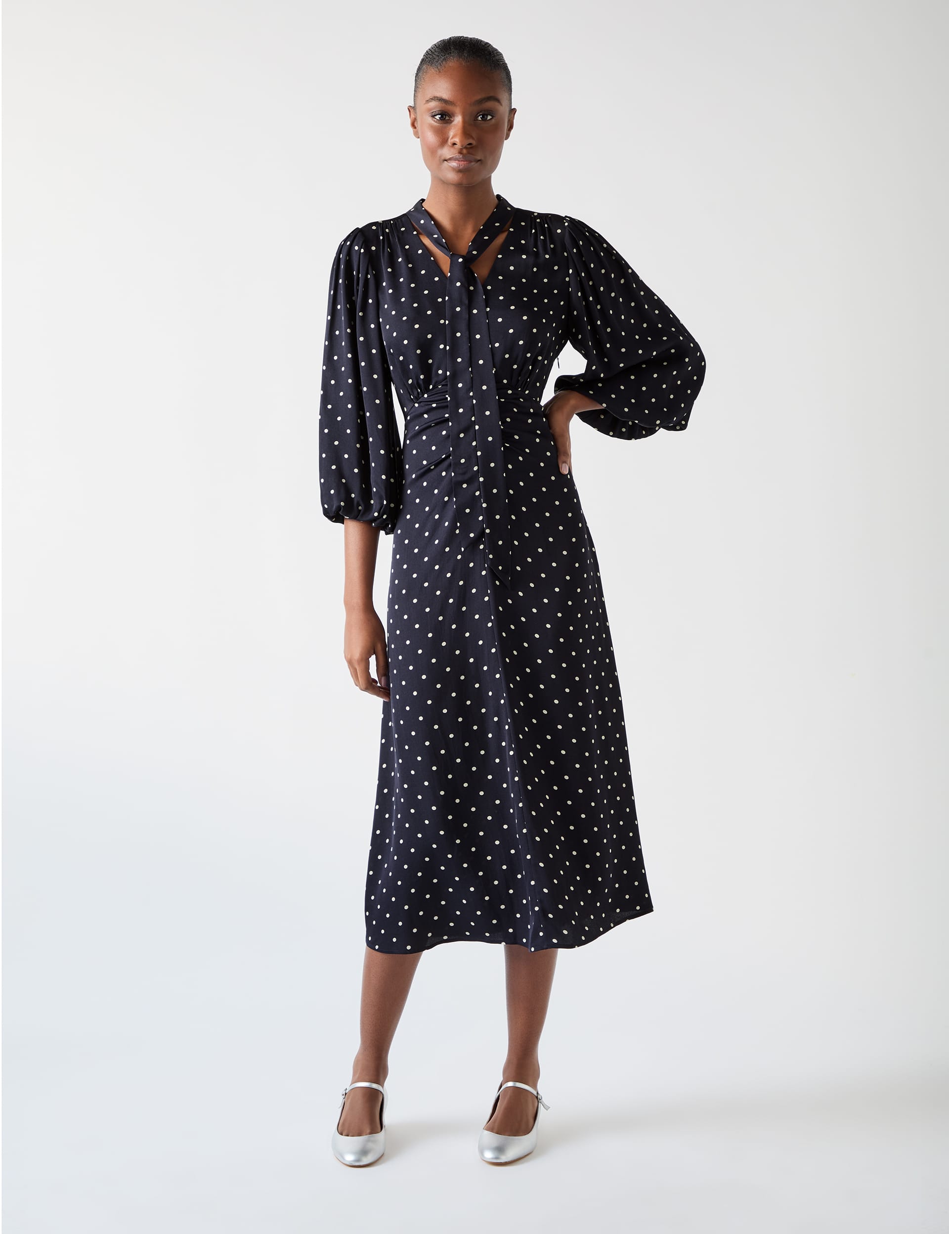 Lk Bennett Women's Polka Dot Midi Skater Dress - 12 - Navy Mix, Navy Mix