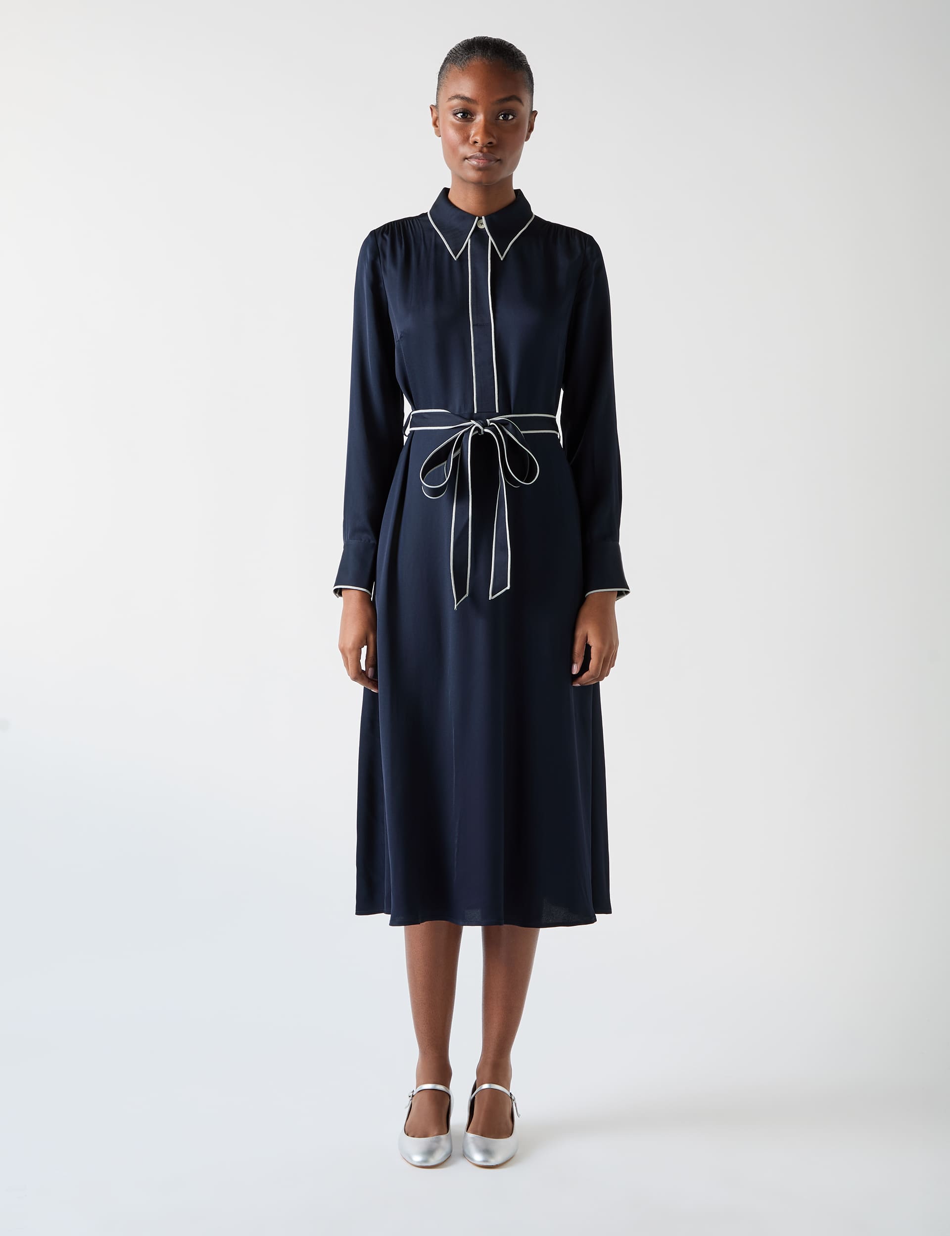 Lk Bennett Women's Belted Relaxed Midi Shirt Dress - 14 - Navy Mix, Navy Mix