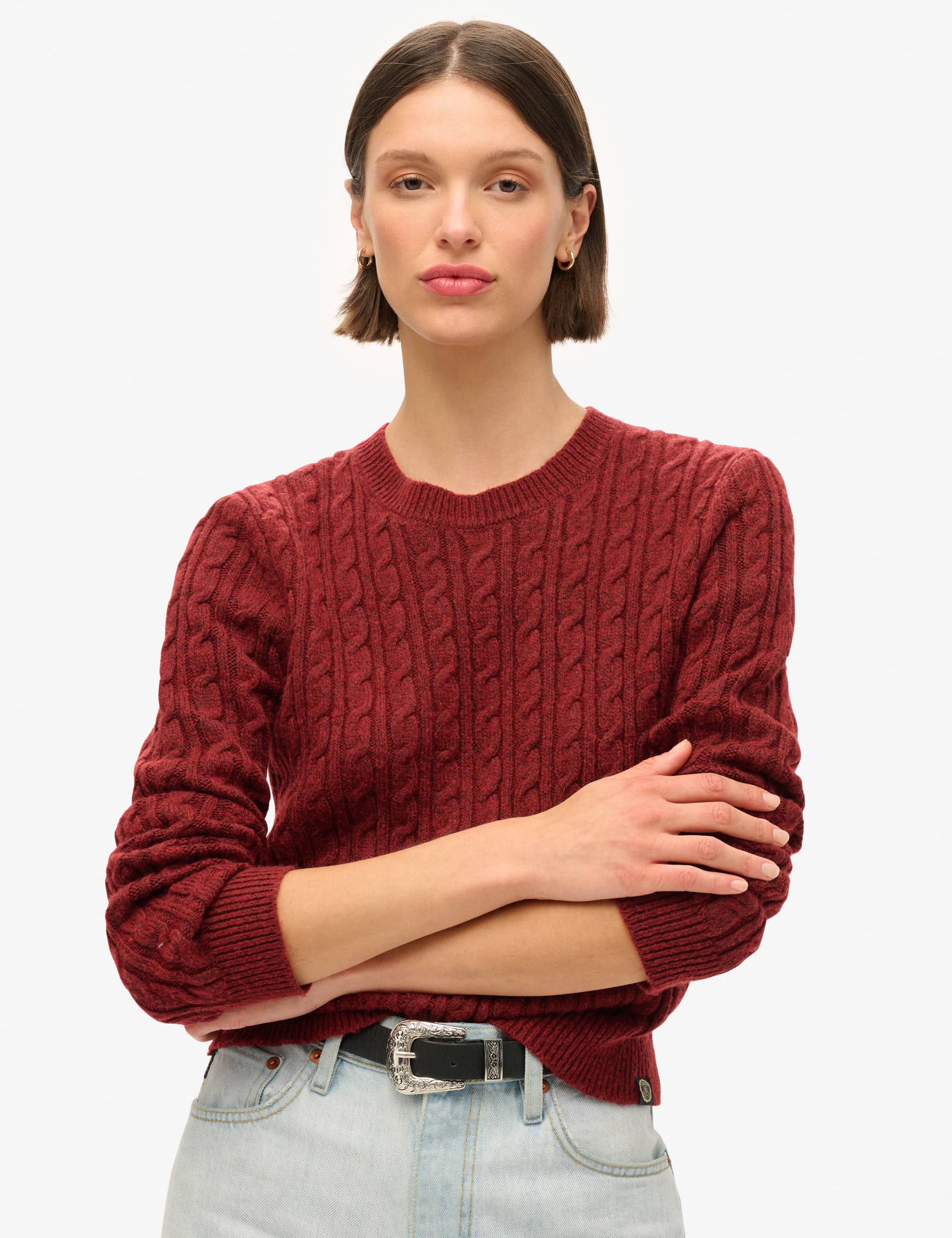 Superdry Women's Cable Knit Crew Neck Relaxed Jumper - 10 - Red, Red