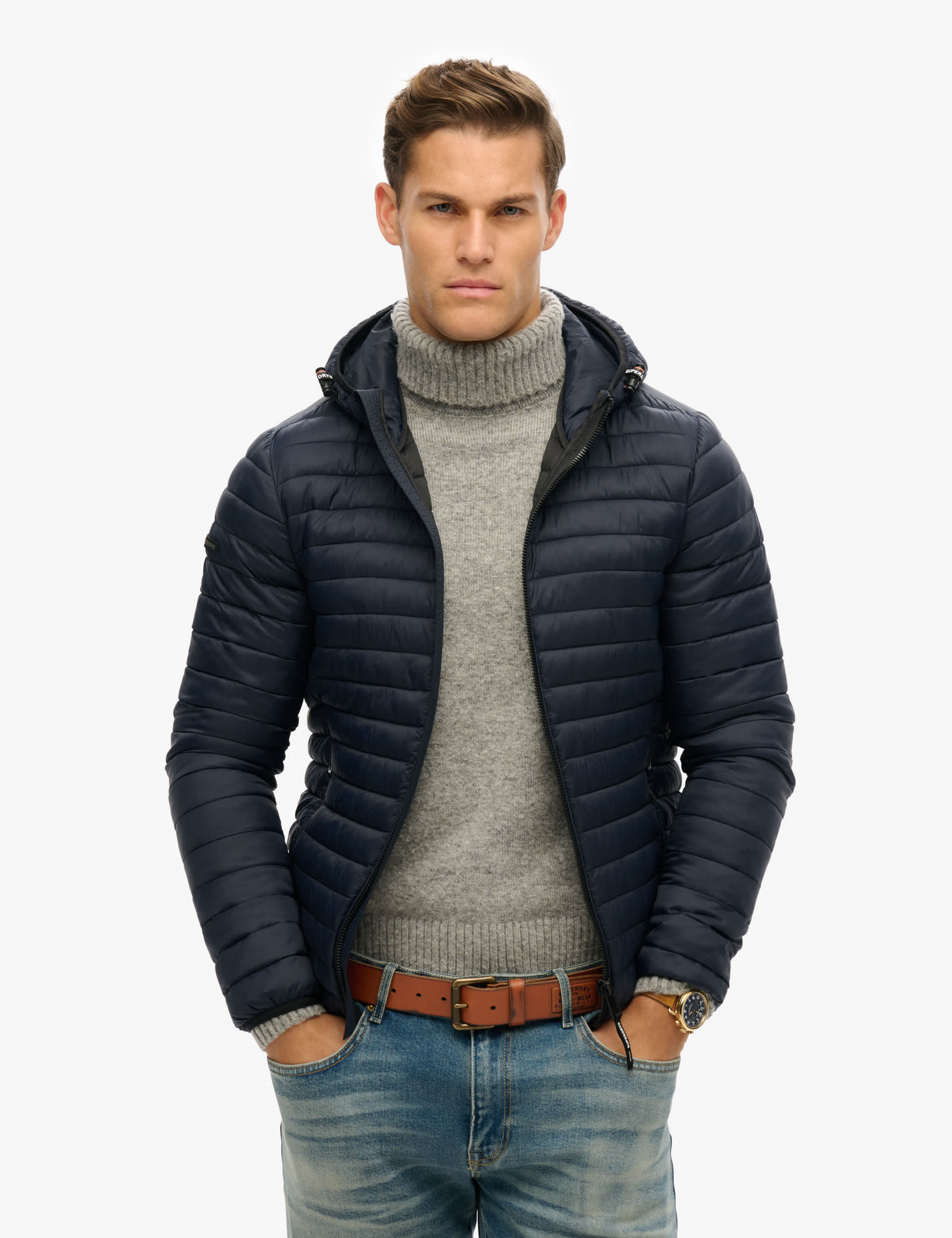 Superdry Men's Quilted Padded Hooded Puffer Jacket - Navy, Navy