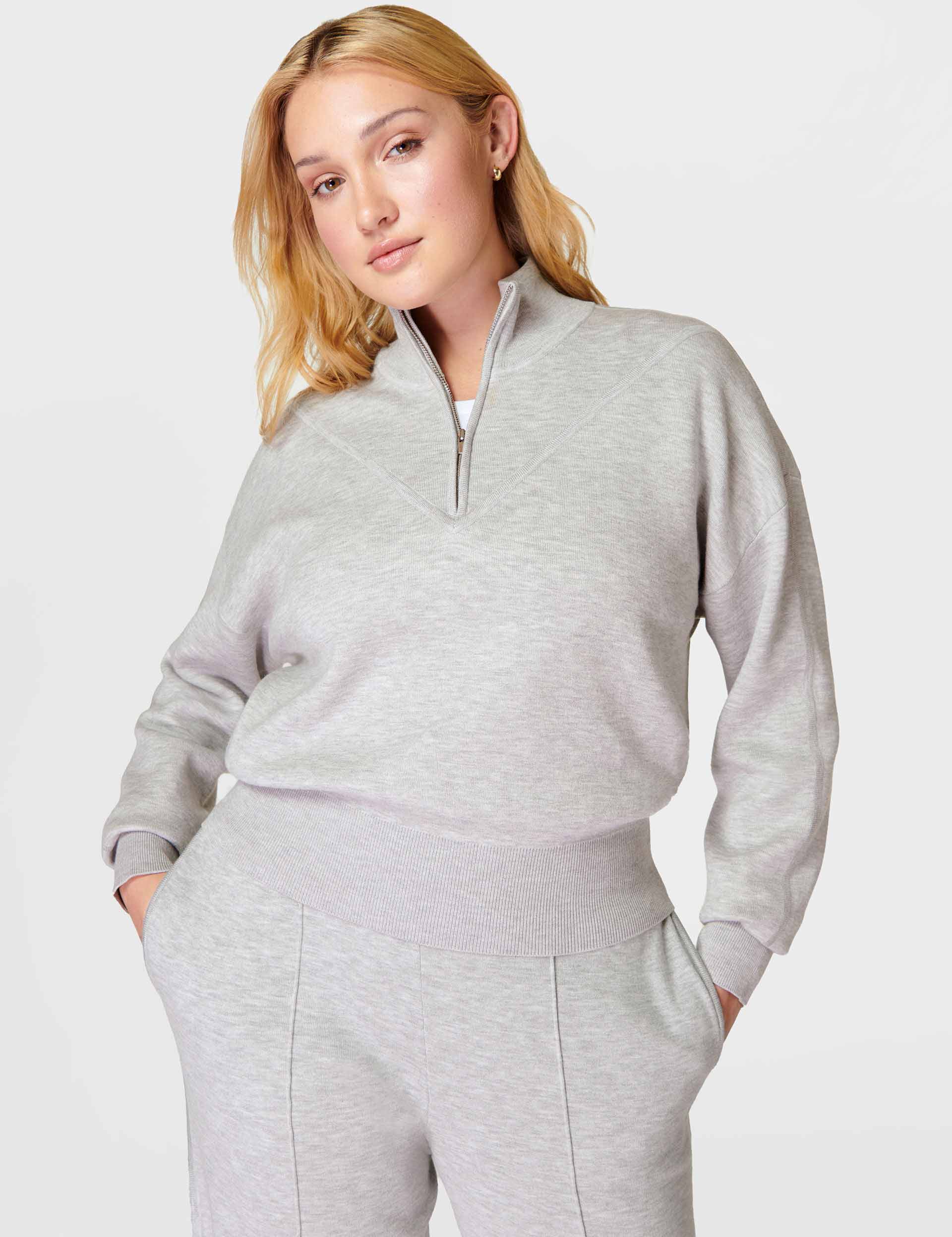 Sweaty Betty Women's Timeless Cotton Blend Half Zip Track Top - Light Grey, Light Grey