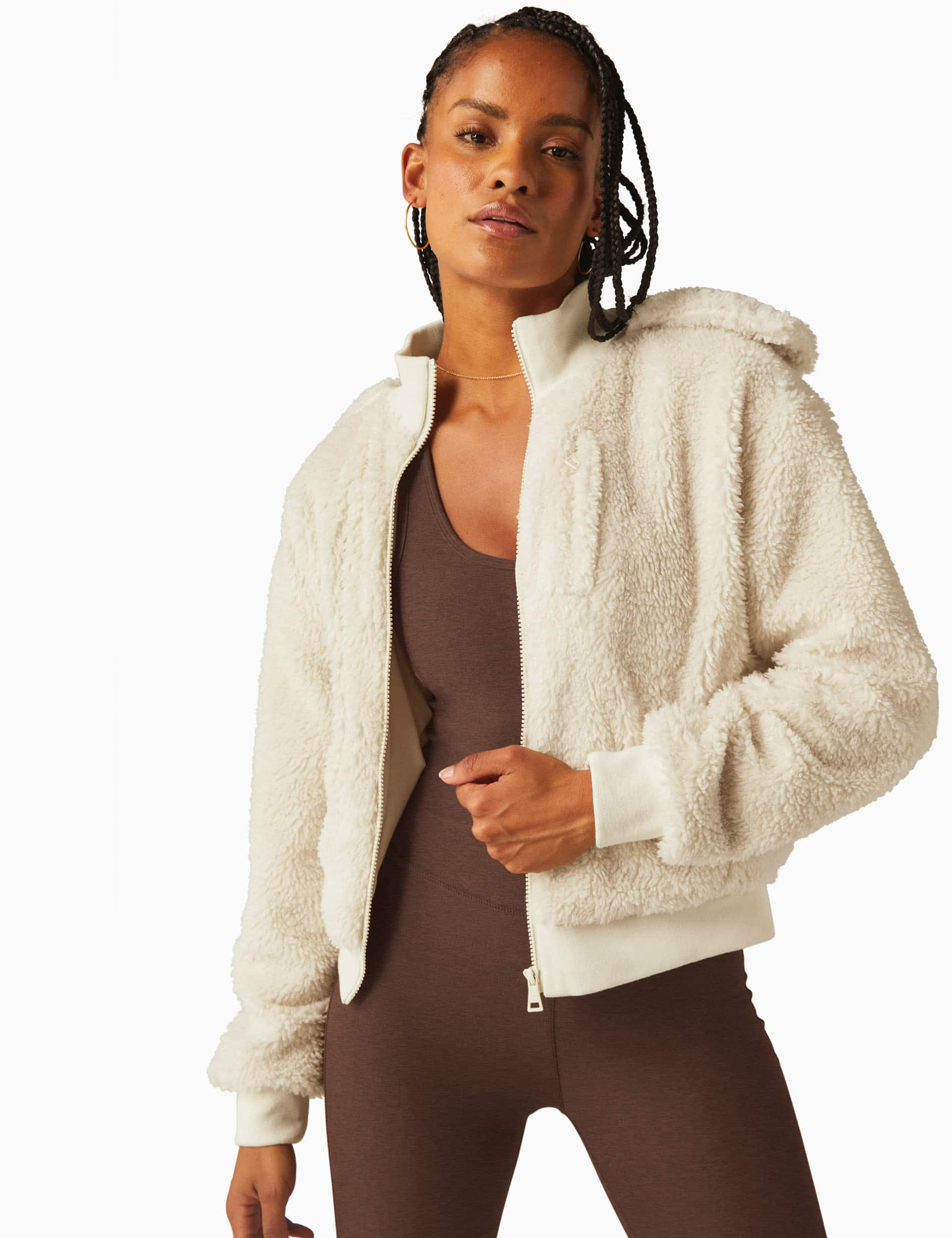 Beyond Yoga Women's Borg Funnel Neck Relaxed Jacket - M - Ivory, Dark Brown,Ivory