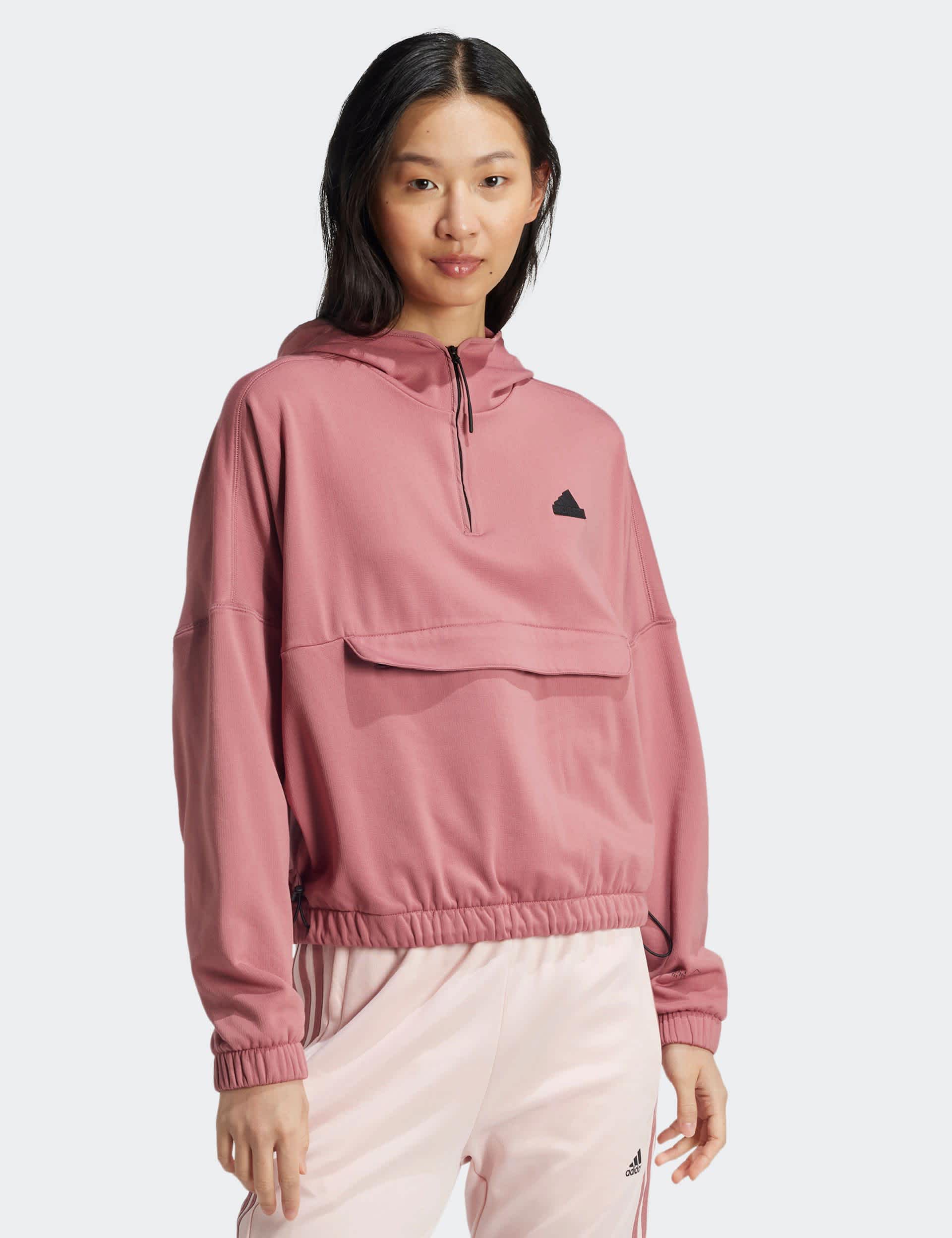 Adidas Women's City Escape Fleece Half Zip Relaxed Hoodie - M - Pink Mix, Pink Mix,Dark Green Mix