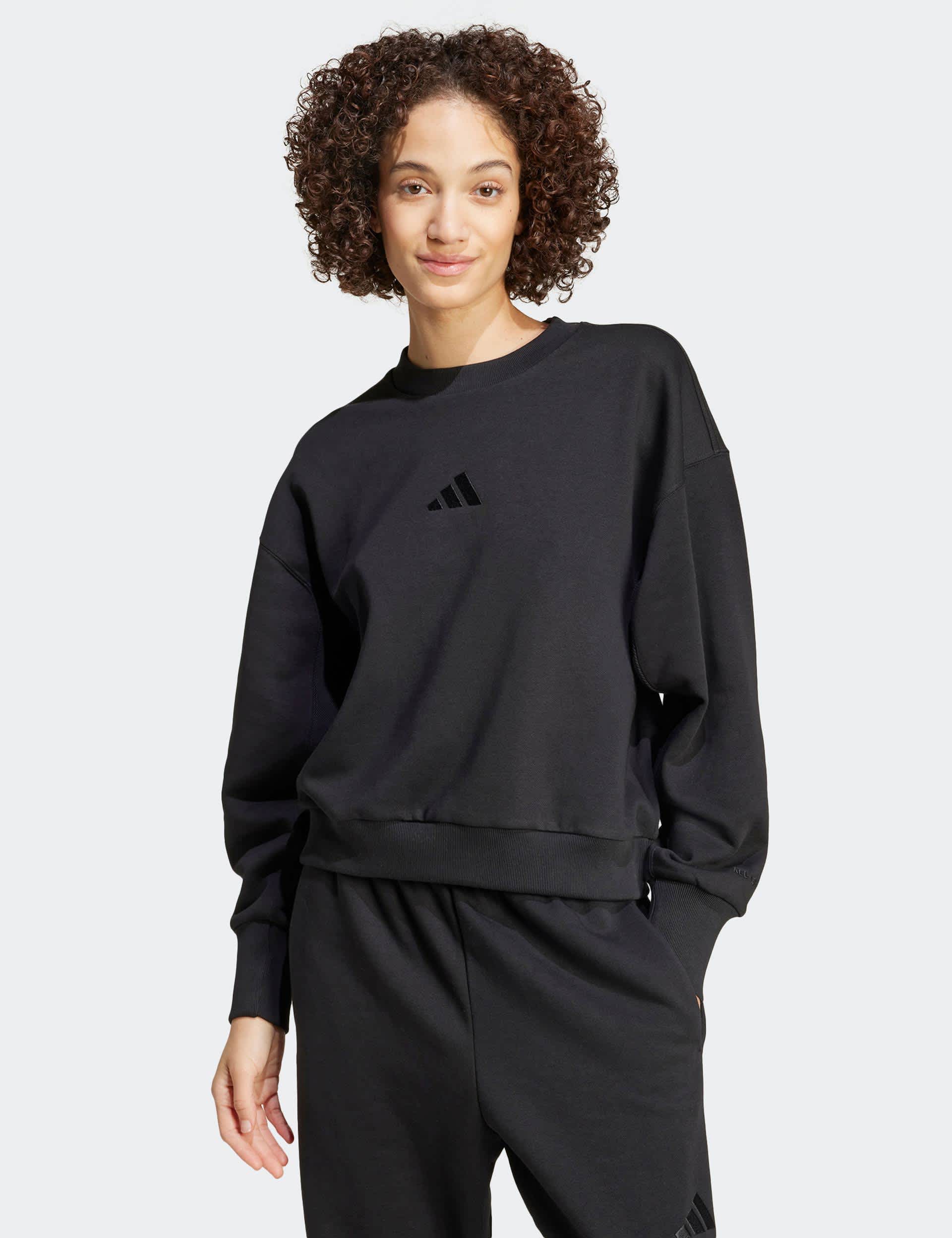 Adidas Women's All SZN Cotton Rich Fleece Relaxed Sweatshirt - M - Black, Black,Dark Green Mix,Mediu