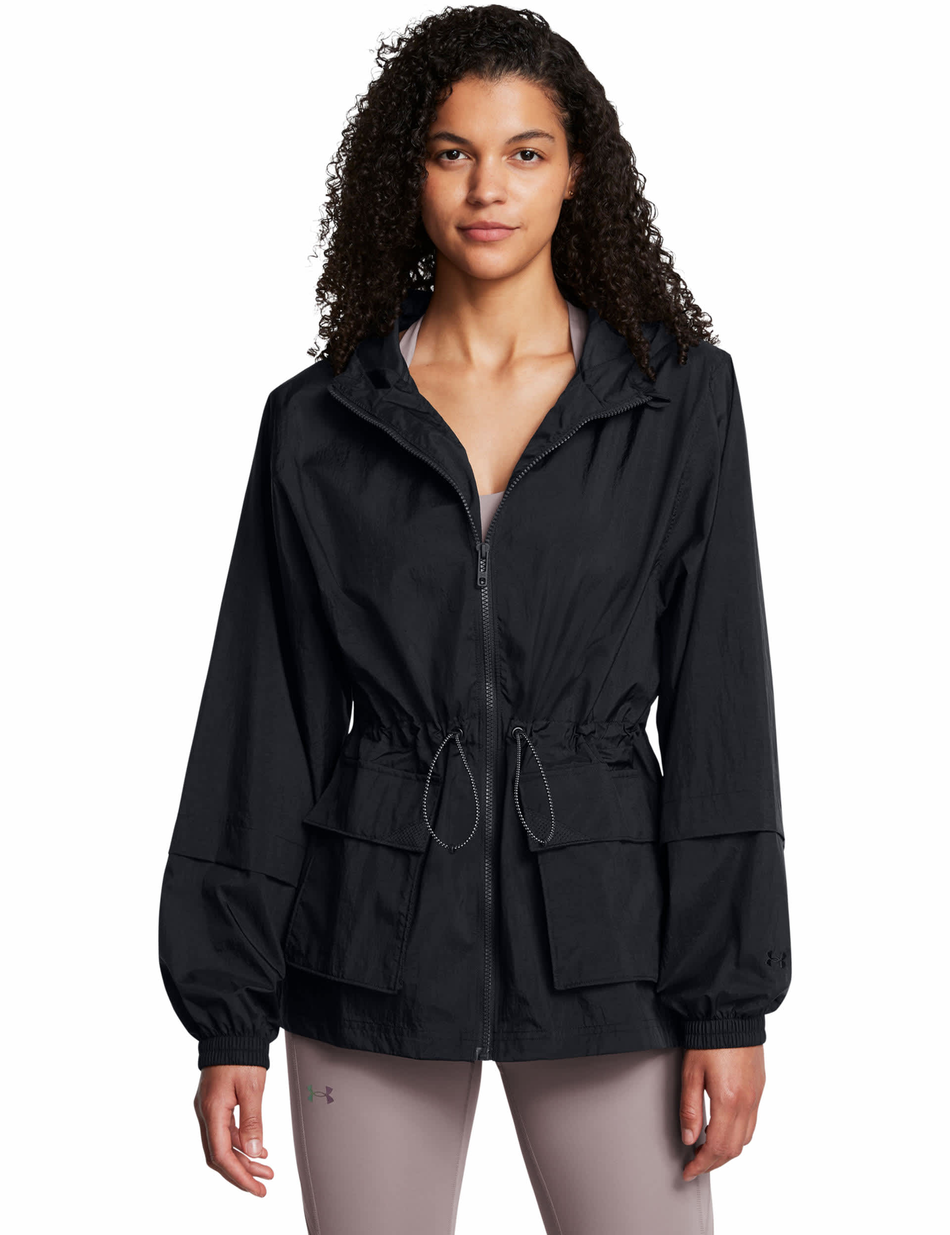 Under Armour Women's Crinkle Woven Zip Up Hooded Sports Jacket - Black, Black