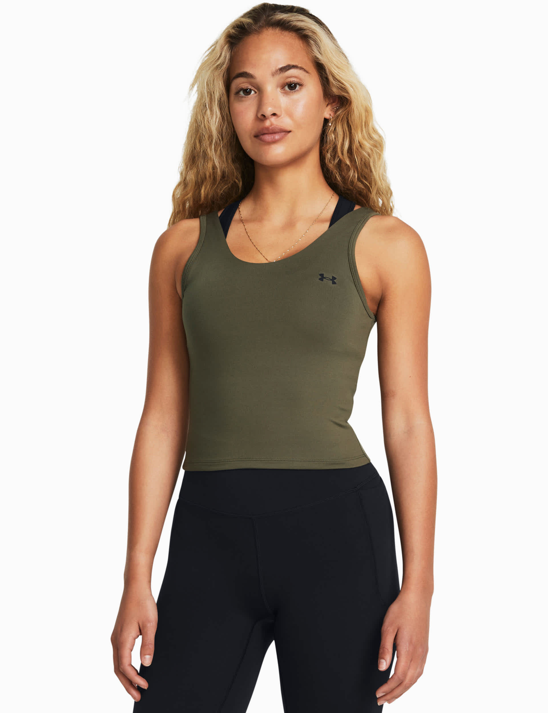 Under Armour Women's Motion Scoop Neck Scoop Back Crop Vest Top - Khaki, Khaki,Black