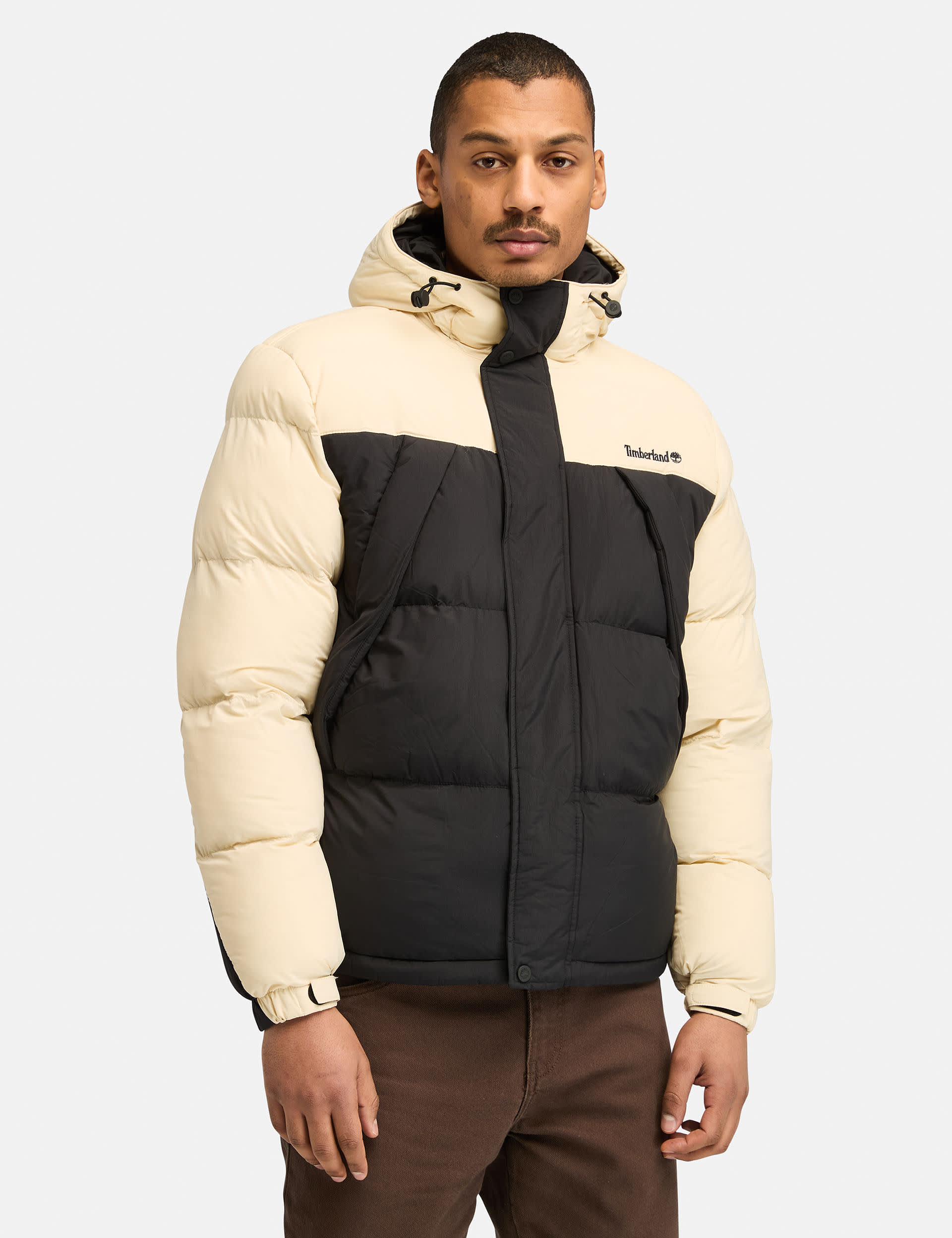 Timberland Men's Water Repellent Hooded Puffer Jacket - Cream, Cream,Sand,Black