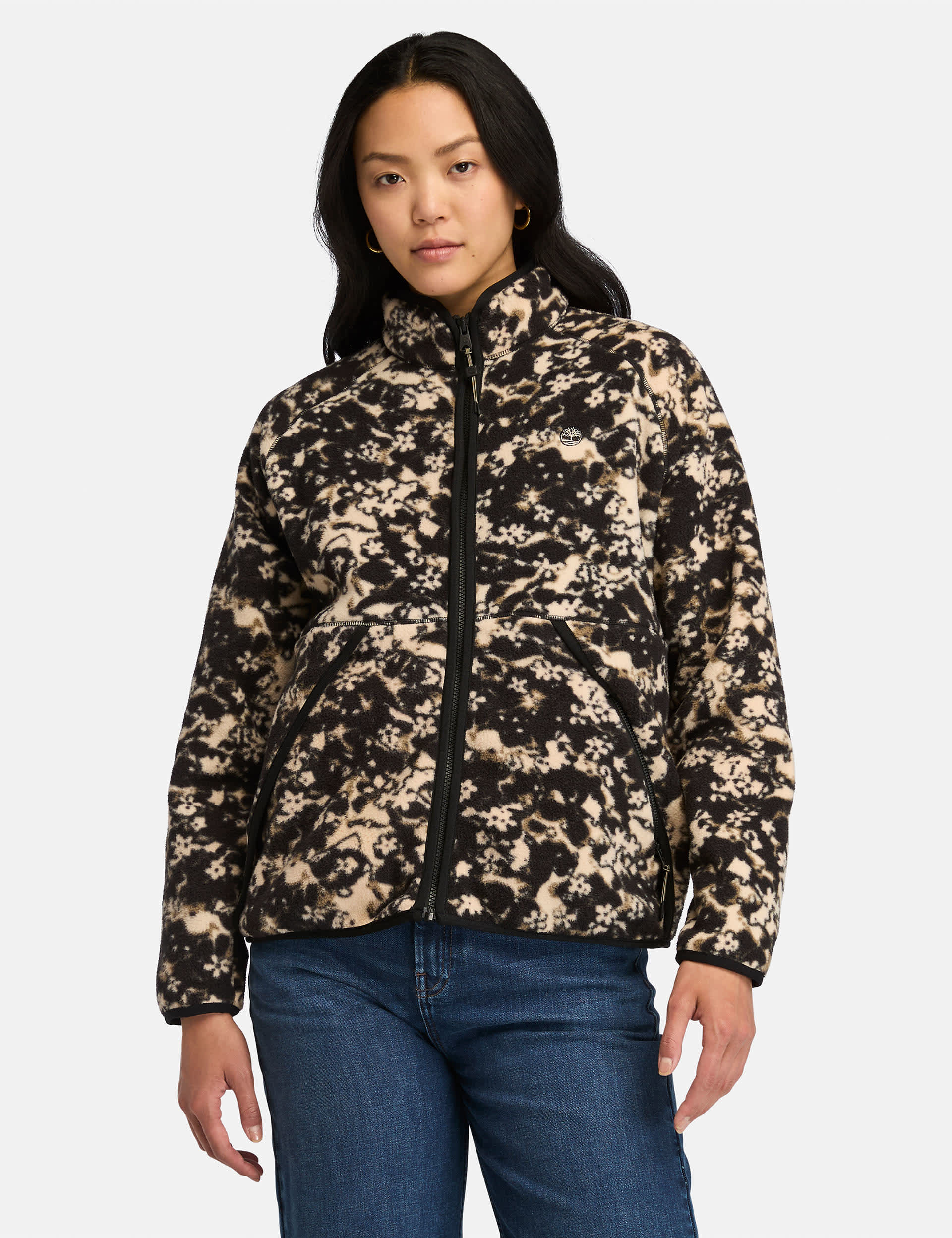 Timberland Women's Floral Printed Funnel Neck Fleece Jacket - M - Black Mix, Black Mix,Red Mix