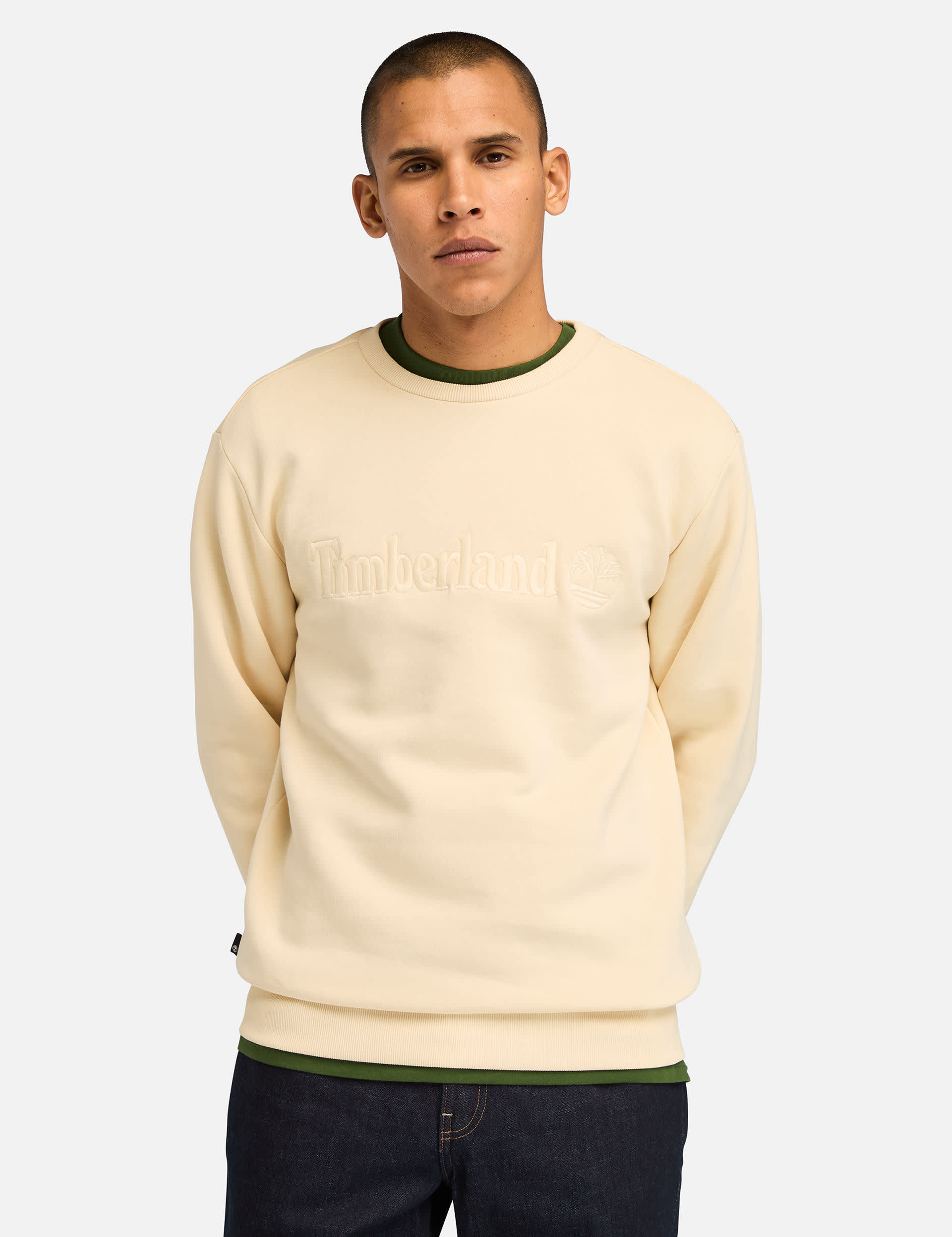 Timberland Men's Hampthon Cotton Rich Crew Neck Sweatshirt - L - Cream, Cream,Dark Navy