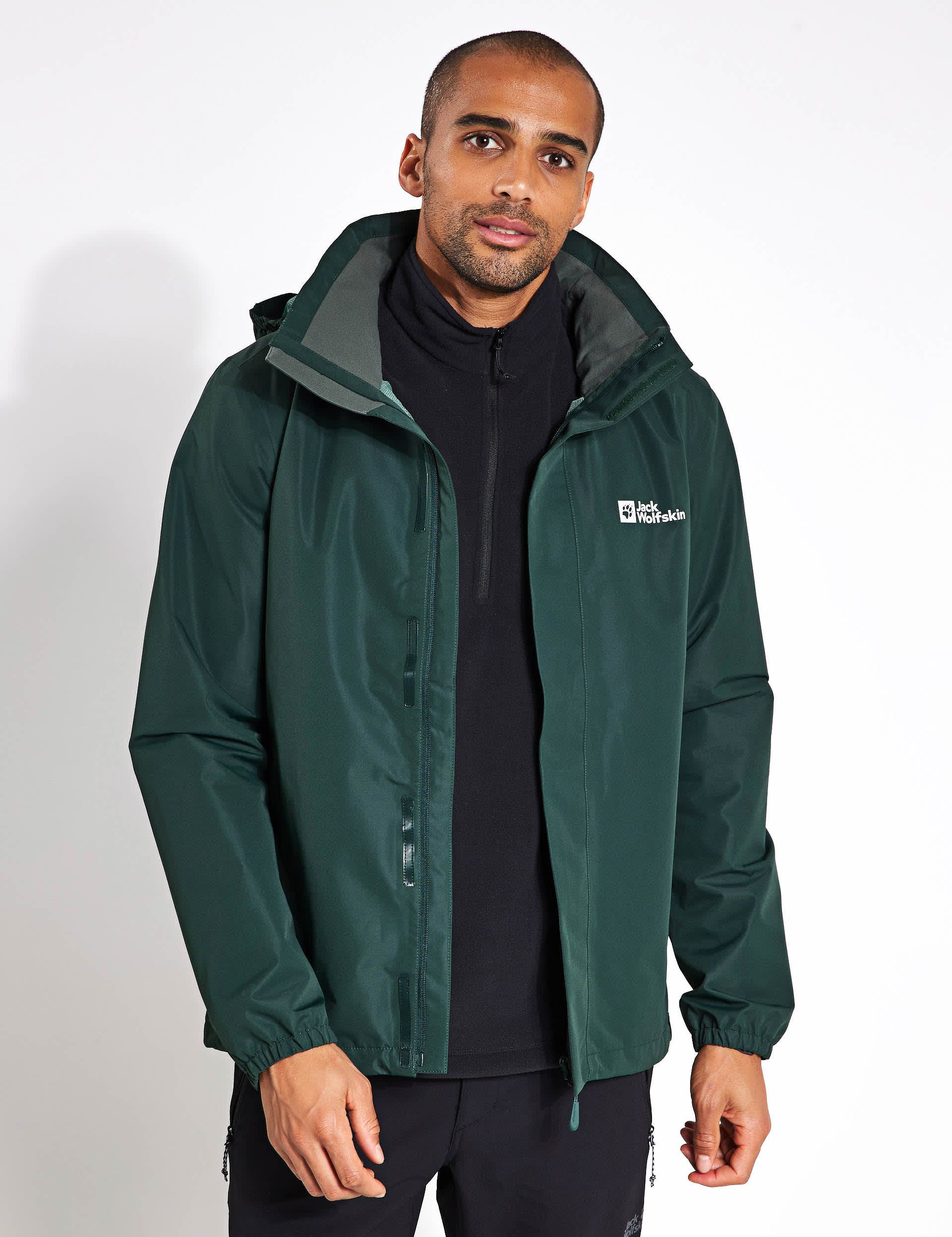 Jack Wolfskin Men's Stormy Point 2L Waterproof Hooded Jacket - Dark Green, Black,Dark Green