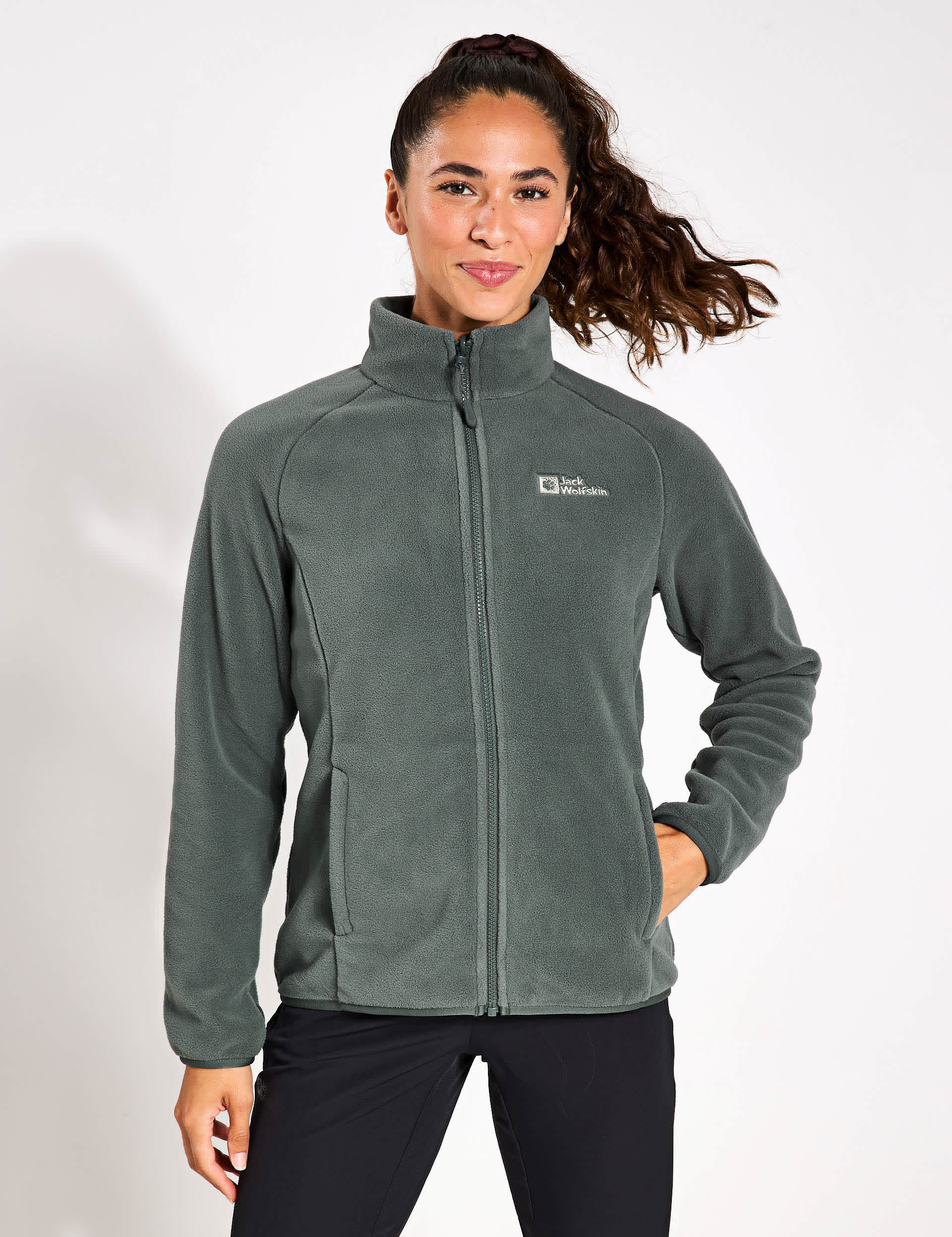 Jack Wolfskin Women's Moonrise Zip Up Funnel Neck Fleece Jacket - 12 - Dark Green, Ivory,Medium Red,