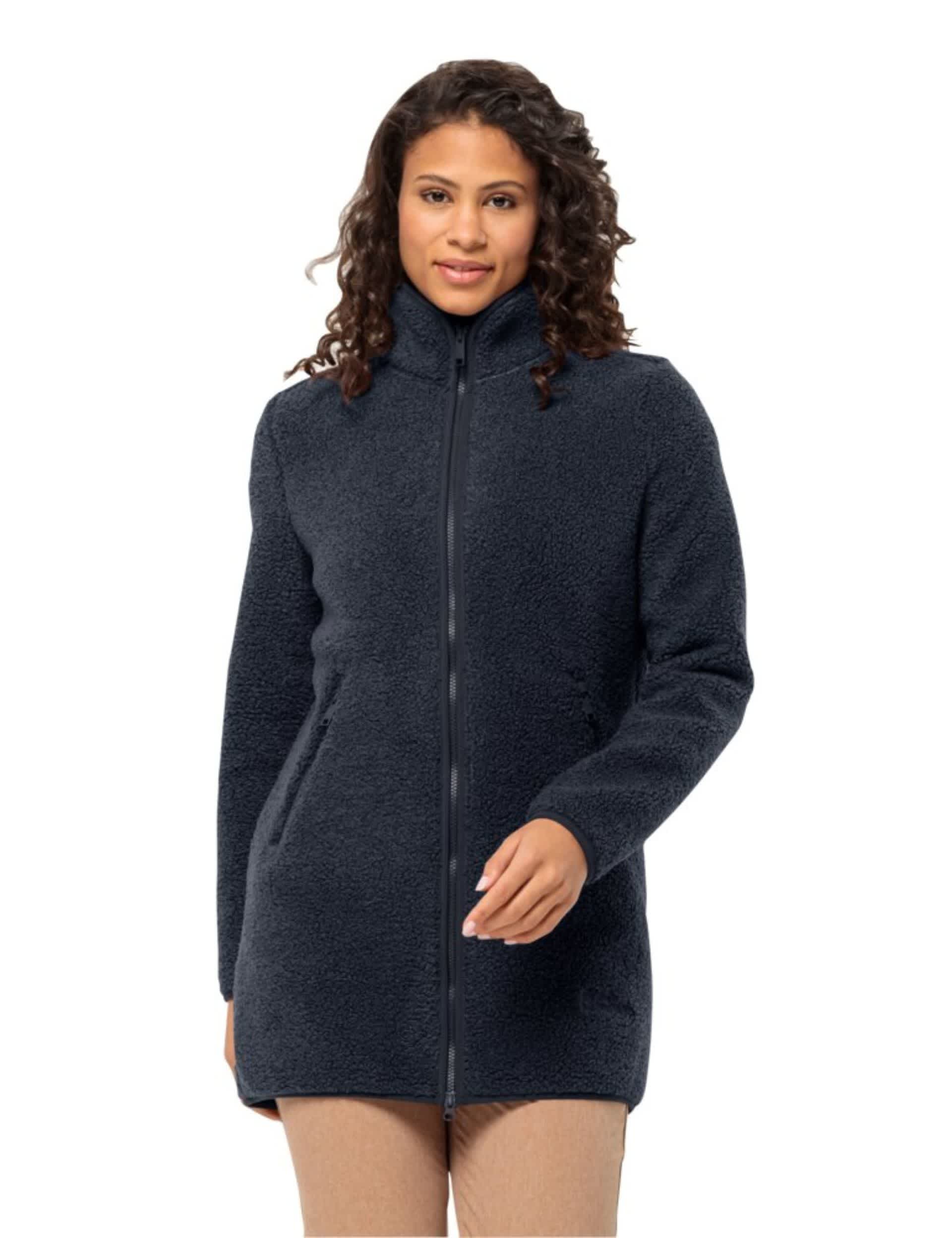 Jack Wolfskin Women's High Curl High Neck Longline Fleece Jacket - 12 - Dark Navy, Dark Navy,Beige