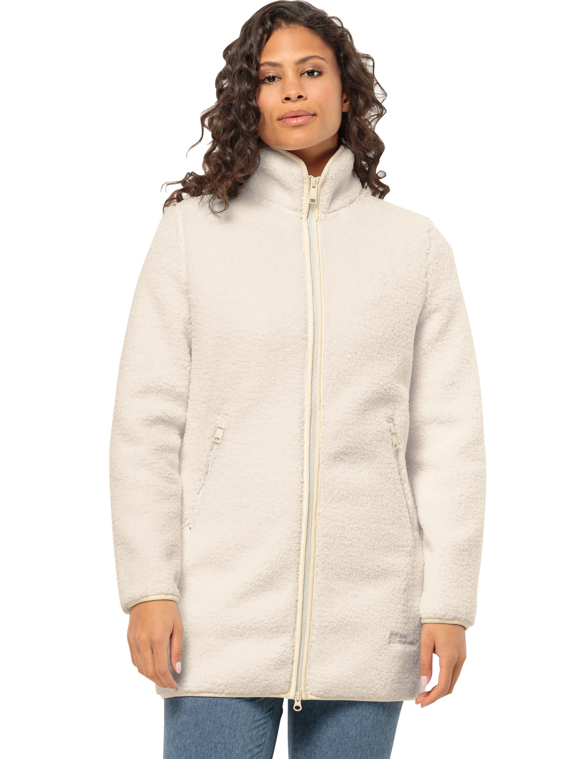 Jack Wolfskin Women's High Curl High Neck Longline Fleece Jacket - 12 - Beige, Beige,Dark Navy