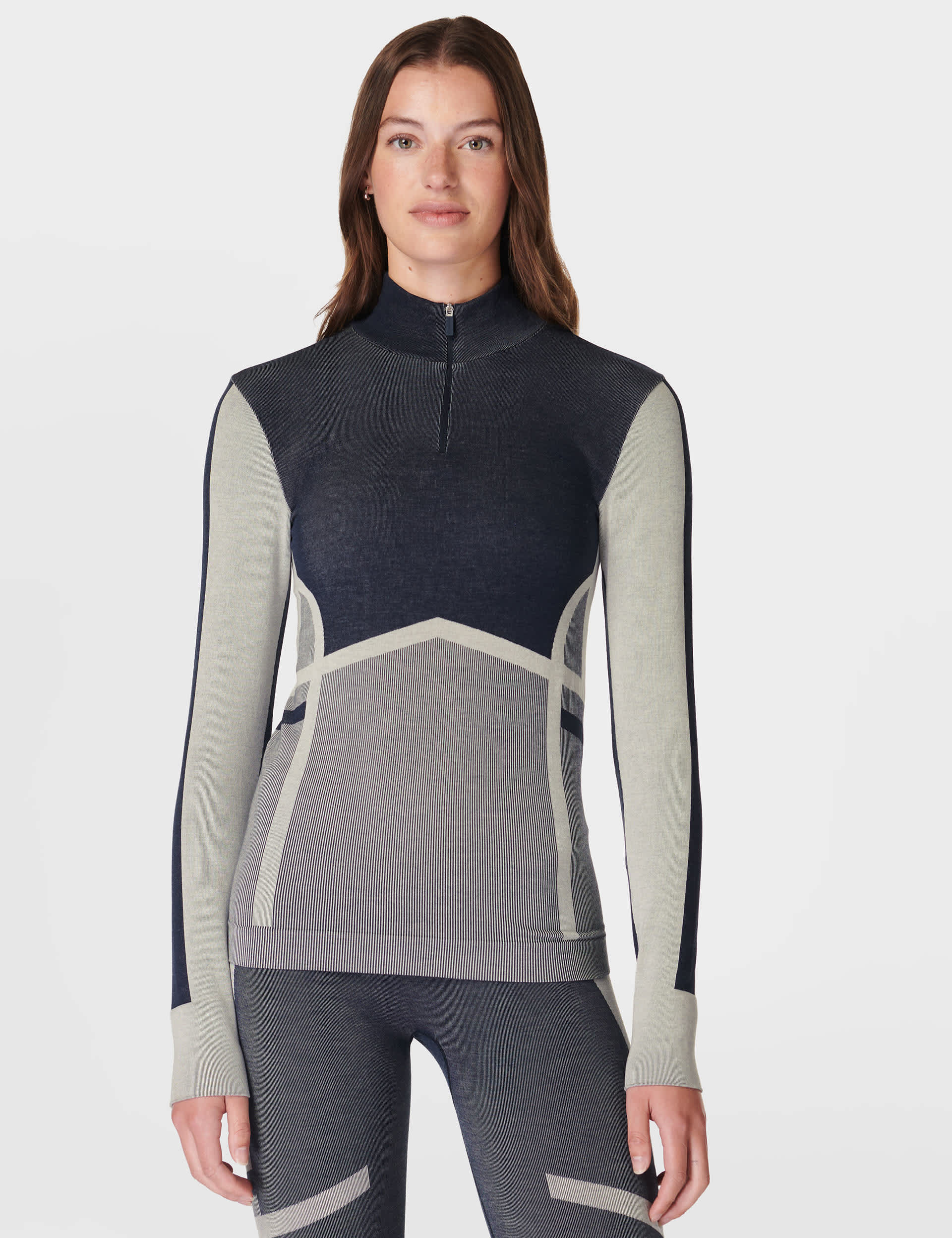 Sweaty Betty Women's Modal Rich Chevron Half Zip Base Layer Top - Dark Navy Mix, Dark Navy Mix