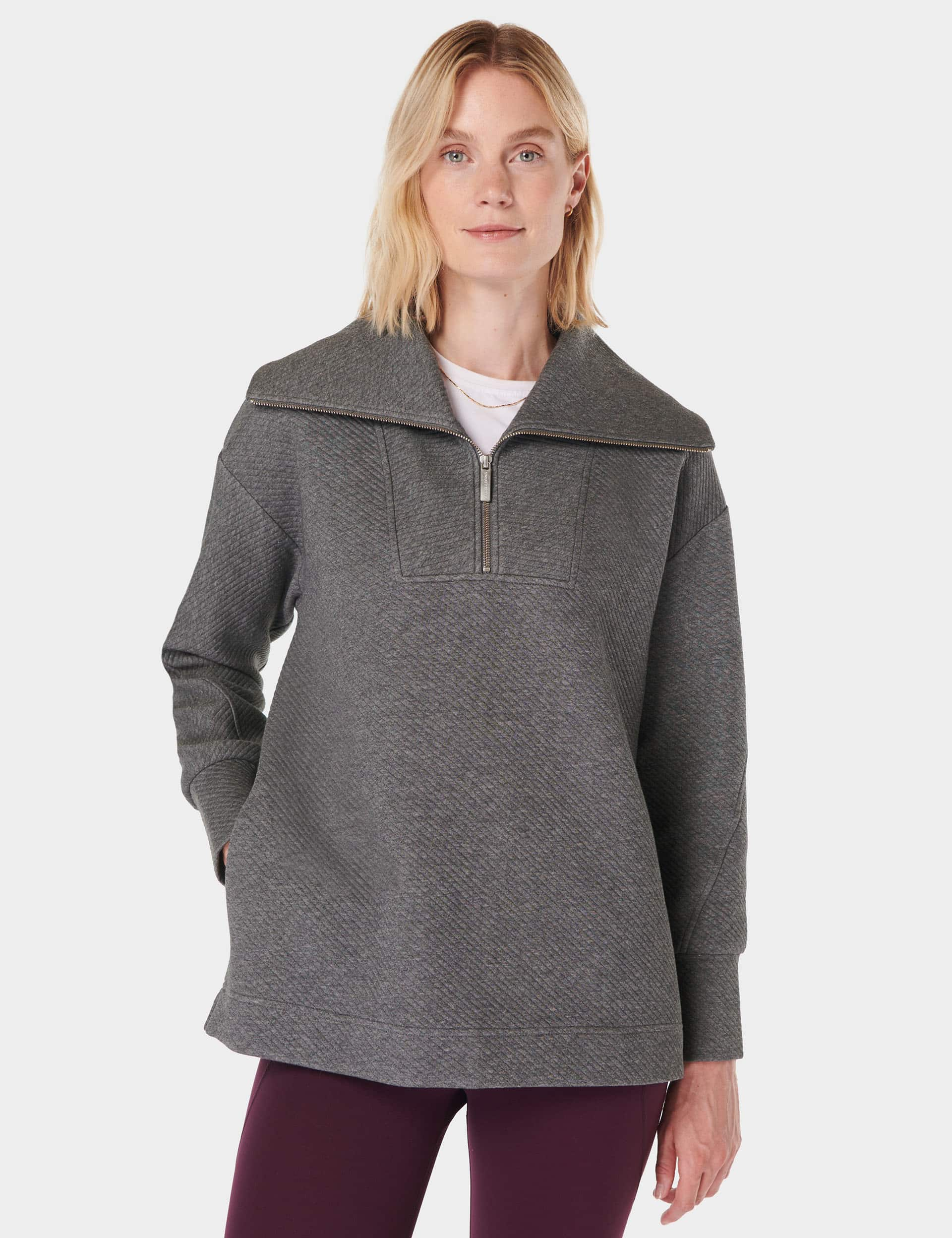 Sweaty Betty Women's Radiant Ribbed Collared Half Zip Sweatshirt - M - Dark Grey, Grey,Oatmeal,Dark 