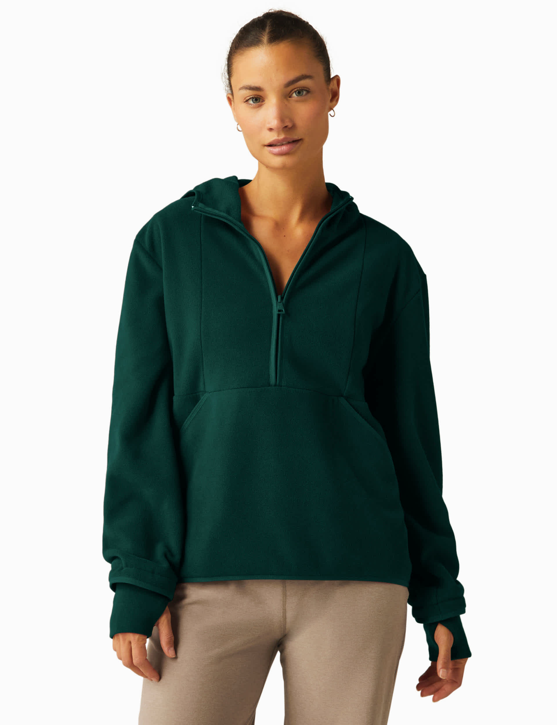 Beyond Yoga Women's Urban Explorer Hooded Half Zip Sweatshirt - M - Dark Green, Tan,Dark Green